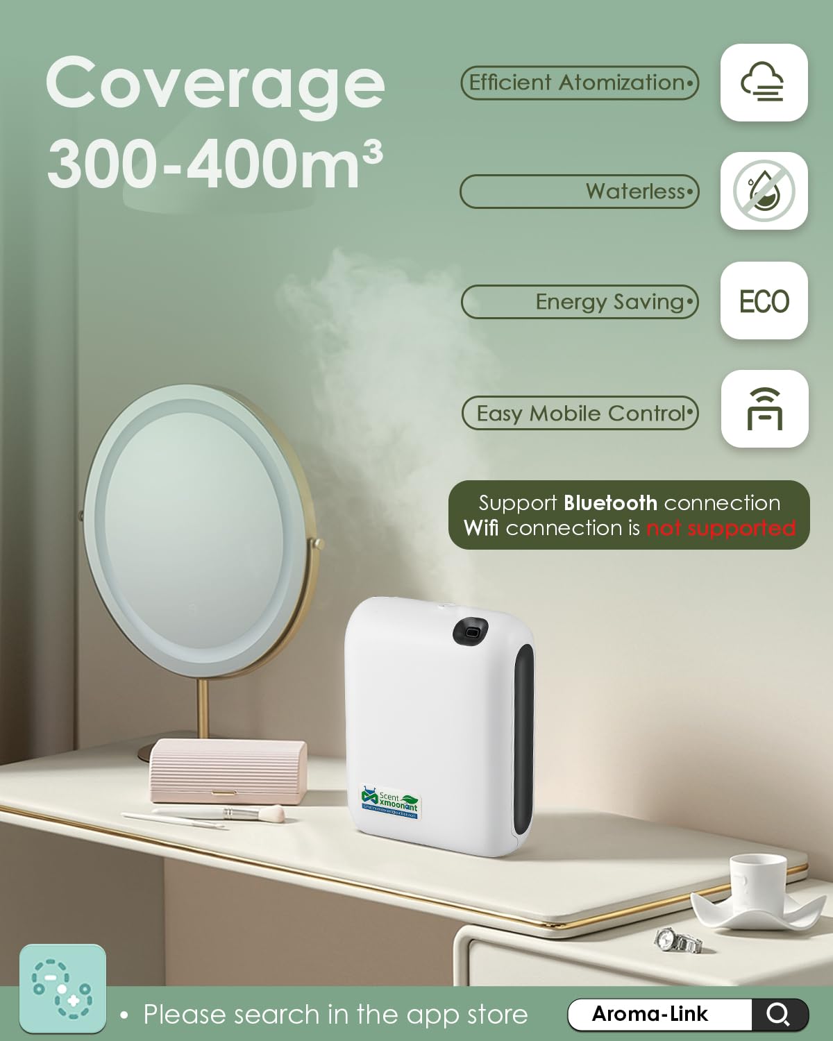 Mxmoonant Diffusore di Oli Essenziali senza Acqua con Nebbia Fredda, Copertura 60-100㎡, Bottiglia di Olio da 200ml, da Parete, App Control&Timer, per Grandi Ambienti, Casa, Ufficio, Negozio