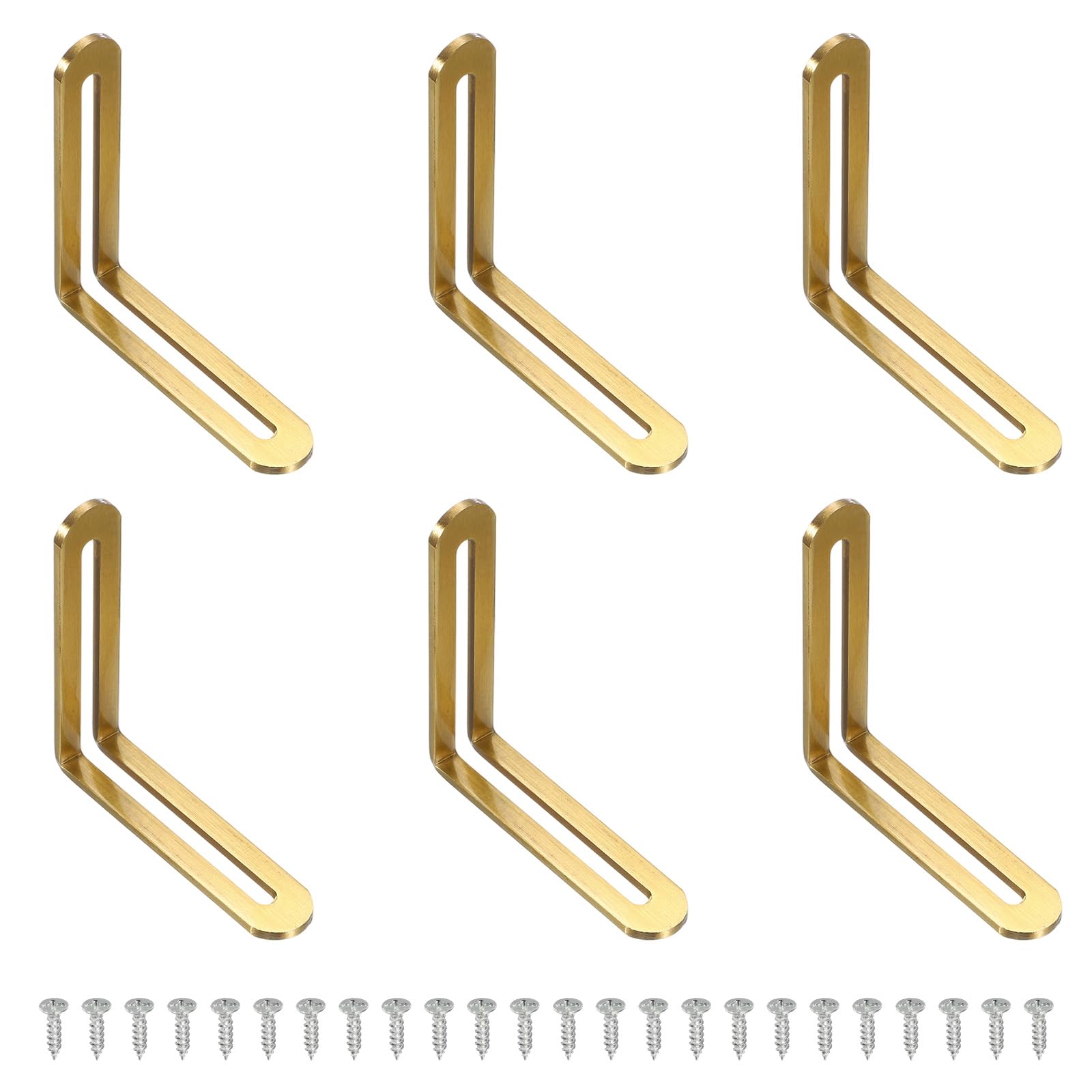 sourcing map 6 Pcs Adjustable Right Angle Brackets, Slotted L-Shape Corner Bracket 80 x 19 x 80 mm, 90 Degree Steel l Bracket Support for Shelves, Wood Furniture Construction, Gold