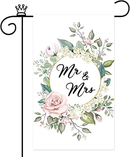 Mr & Mrs Wedding Garden Flag Decor 12x20 Inch Double Sided for Outside,Bride Groom Married Anniversary Party Gift Polyester Small Floral Yard Flag (Mr&Mrs)