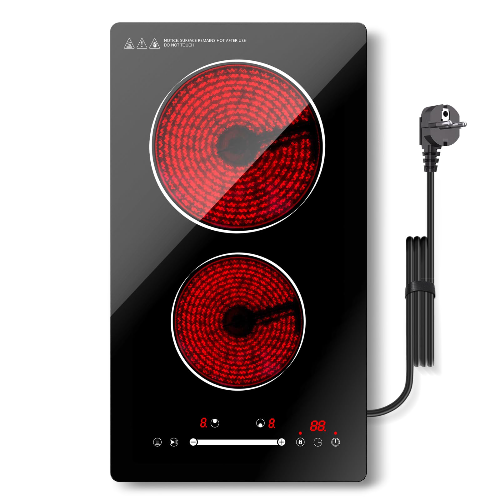 Nardea Piano Cottura in Vetroceramica 2 Zone, 30cm Piano Cottura in Vetroceramica a 2 Piastre con Spina, Design integrato, Controllo a Scorrimento Touch, Timer, Blocco di Sicurezza, 3000W