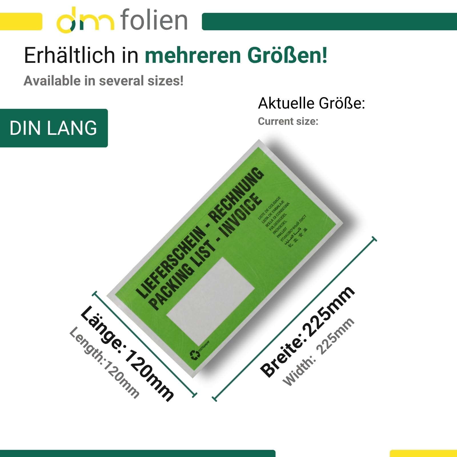dm-folien Lieferscheintaschen DIN LANG I 1000 Stück I Selbstklebende Versandtaschen mit Aufdruck I Grüne Versandunterlagen für Lieferscheine & Rechnungen I Versandzubehör aus Pergamin-Papier
