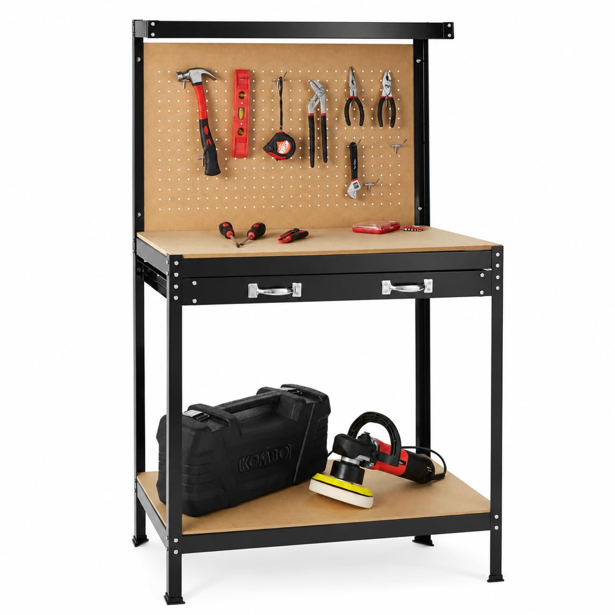 KOMBO - Banco da Lavoro in Alluminio con 2 Ripiani in MDF, 1 Cassetto, Schienale in MDF con 20 Ganci – 91x48x140 cm – Struttura Robusta, Salvaspazio, Ideale per Garage e Officine