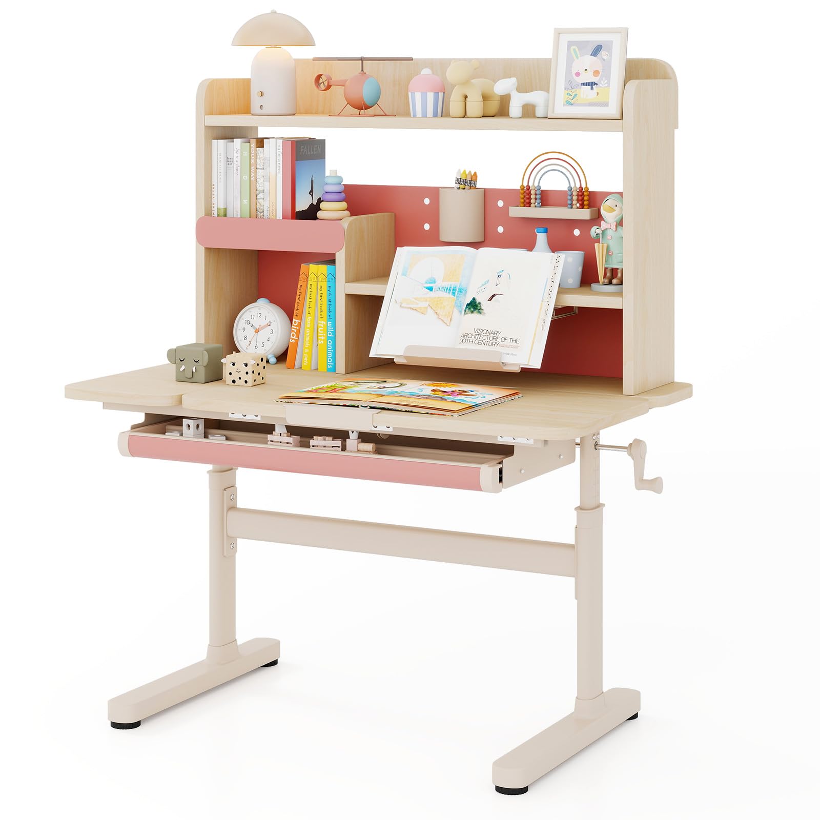 LIFEZEAL Scrivania Bambini 3-12 Anni, Banco Scuola, 100x60cm, Ergonomico, Altezza Regolabile, Piano Inclinabile, con Libreria, Leggio per Libri, Cassetto, Tavolino da Studio, per Cameretta (rosa)