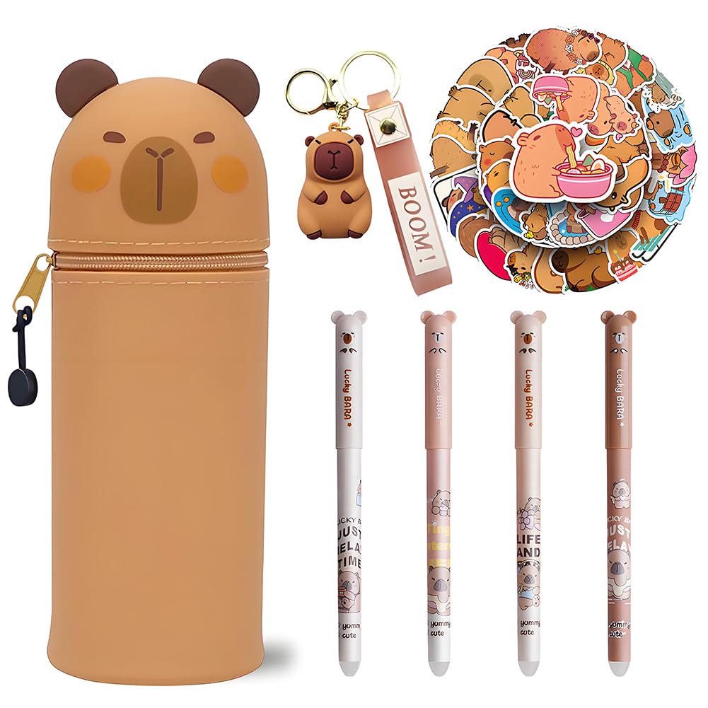 Trousse Capybara avec Stylo à Noyau Noir, Porte-clés, Trousse 2 en 1 en Silicone Extensible, Papeterie Scolaire Kawaii, Cadeau pour Enfant, Fournitures Scolaires et Autocollants(C2)