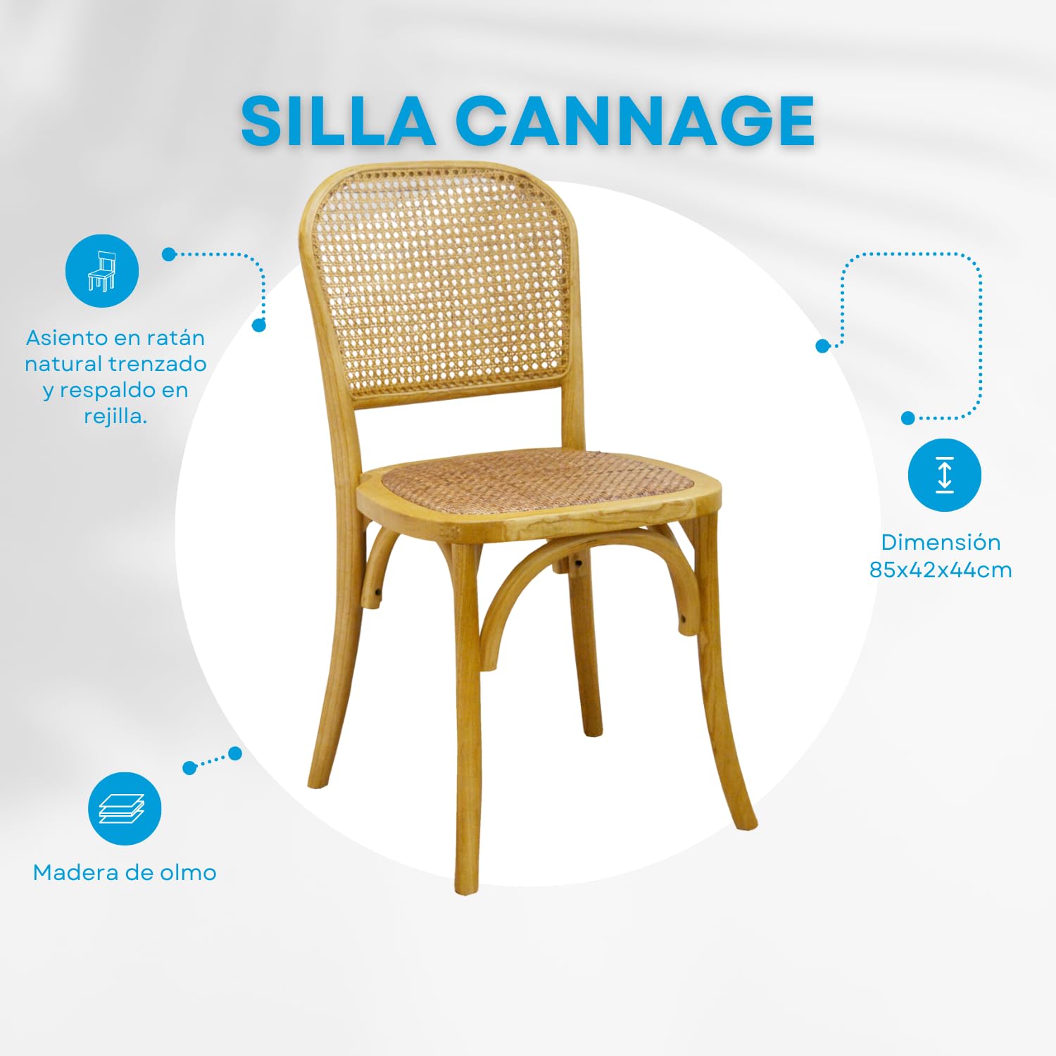 EME - Silla Comedor de Madera Cannage Color Natural con Asiento de ratán Natural y Respaldo de Mimbre. Incluye 1 Unidad. Silla Madera y Mimbre Apilable.
