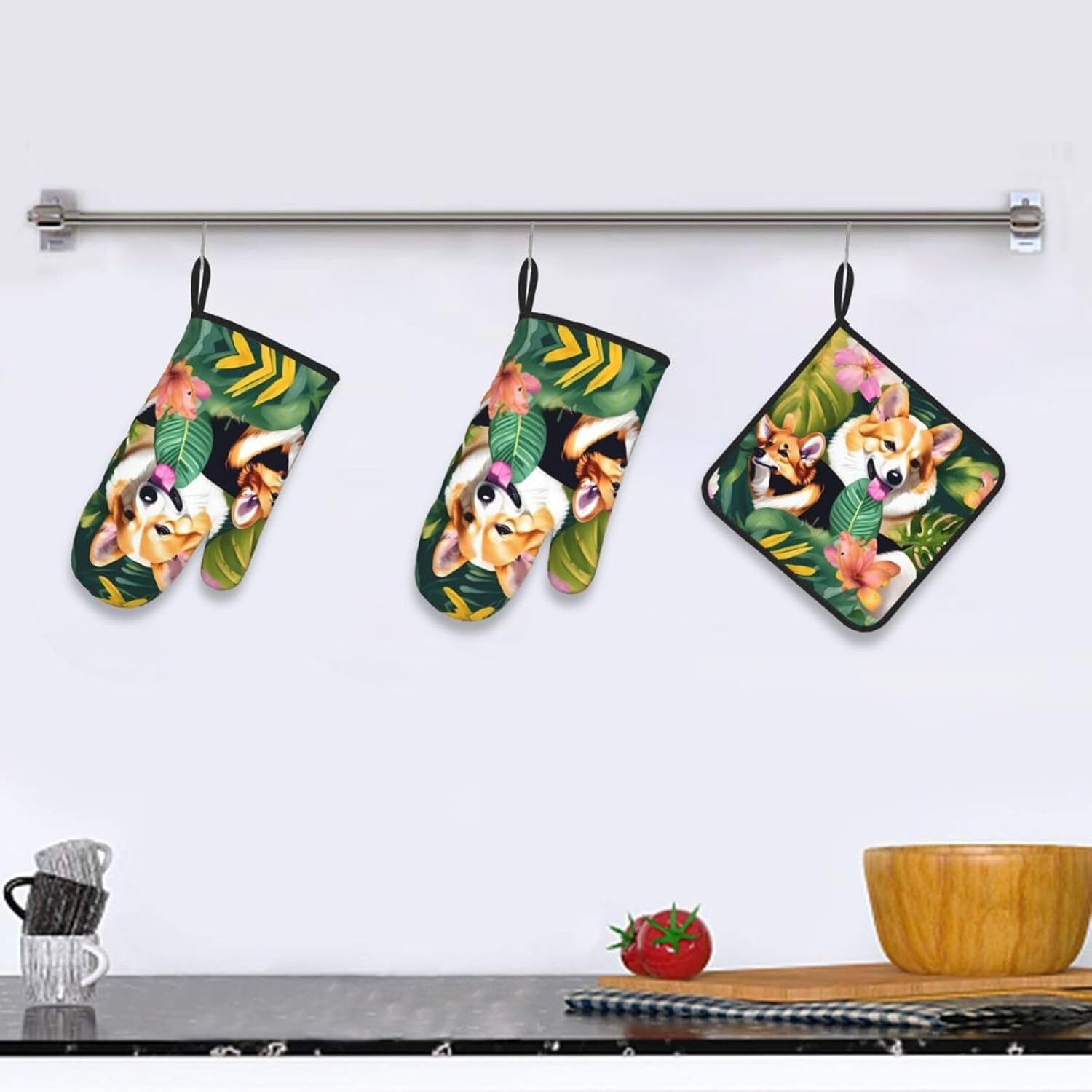 Tropical Flower and Corgi Print Heat Resistant Microwave Gloves, Used for Baking, Cooking, and Fashion Kitchen Essentials