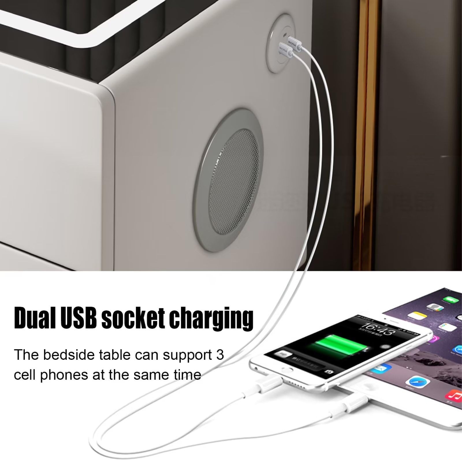 Inteligentna szafka nocna z bezprzewodowym ładowaniem Głośnik Bluetooth Blokada linii papilarnych i przechowywanie mebli do sypialni i salonu - nowoczesny i funkcjonalny design