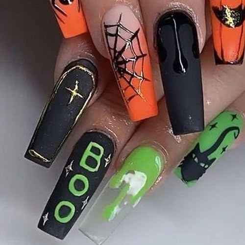 Uñas postizas a presión para Halloween, diseño de telaraña, con forma de araña y gota de sangre, uñas largas de terror, uñas artificiales para el