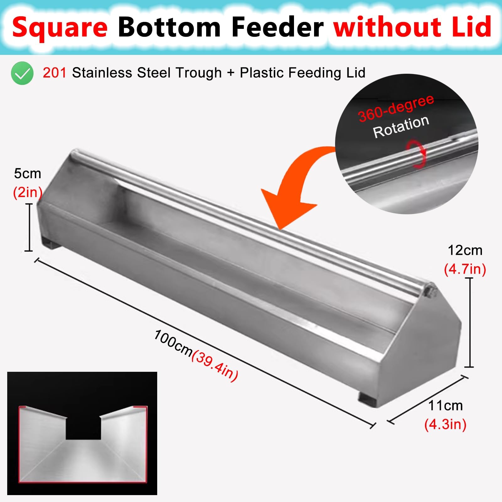 Comedero de doble cara para aves de corral, comedero de palomas de acero inoxidable con barra transversal giratoria, para pollitos, patos, pájaros, loros, 100 cm