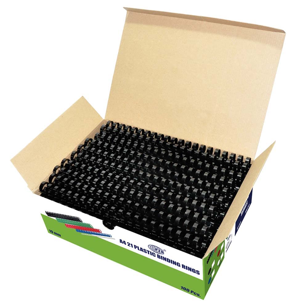 FIS® Plastic Binding Rings, Size 19mm, Capacity Up to 160 Sheets, 100 Pieces Per Box, Black Color-FSBD19BK
