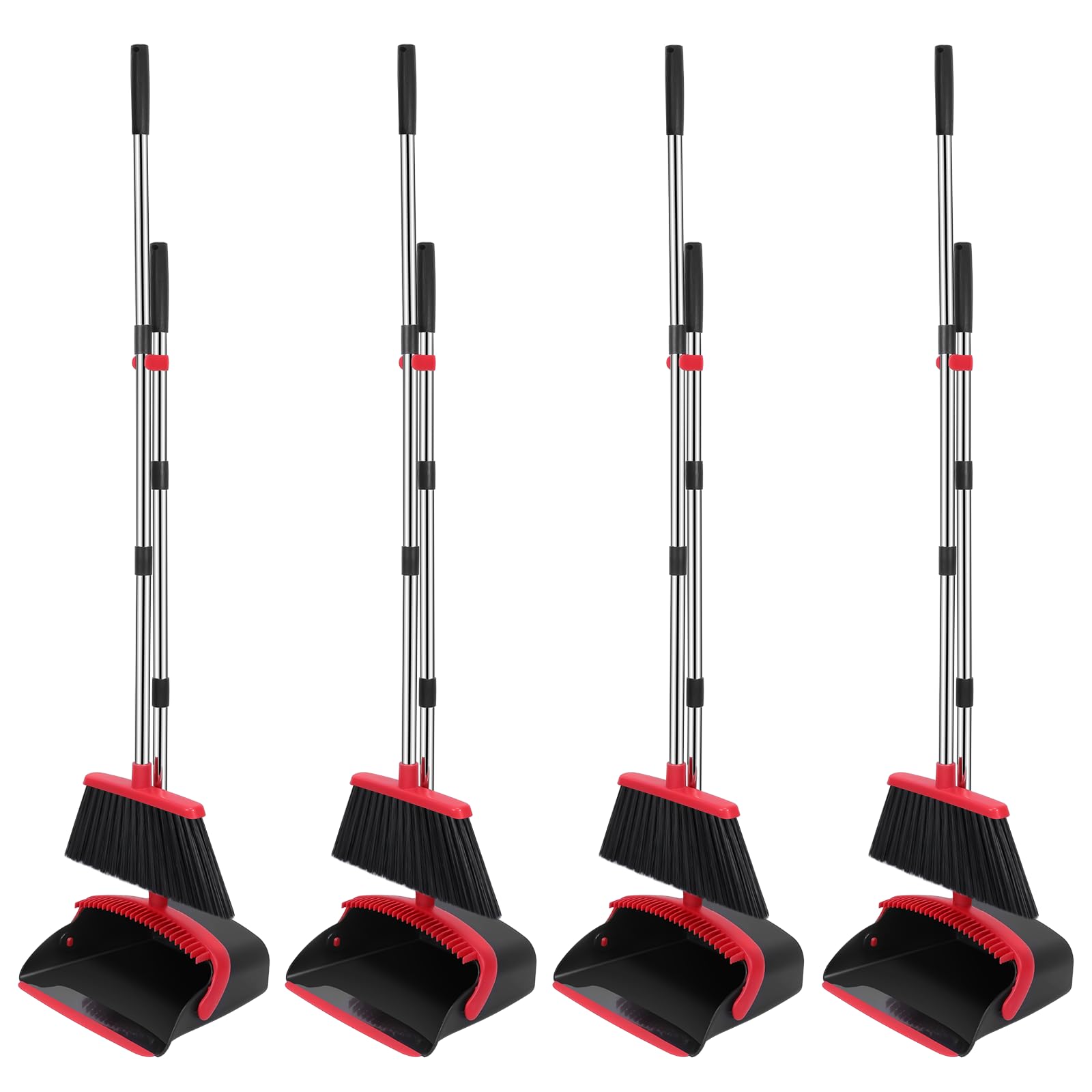 NACENA Set di scopa e paletta, manico regolabile lungo 132,1 cm, con denti per pulire automaticamente i capelli, adatto per casa, cucina, ufficio, corridoio, pavimento (nero e rosso), confezione da 4