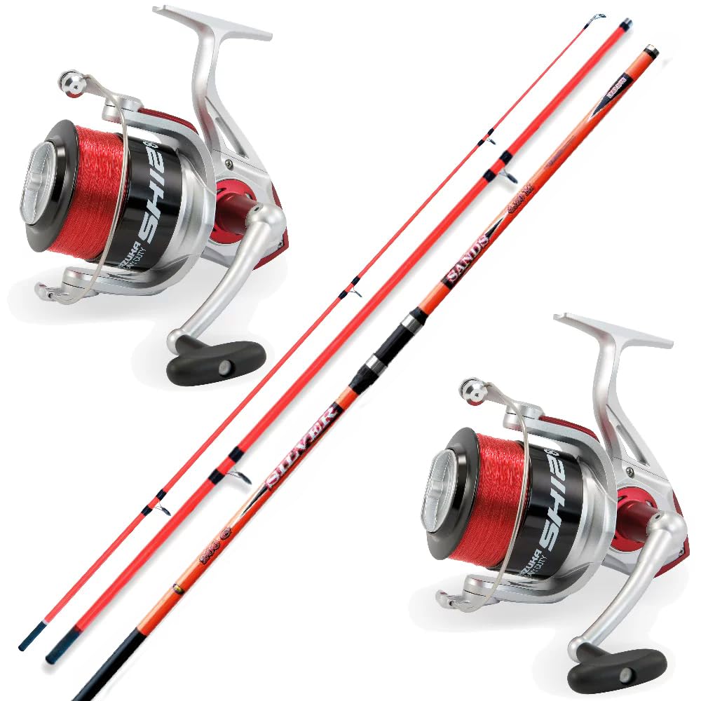 Deluxe Brandungsset 2 Ruten + 2 Rollen + Schnur - Surfen, Fischrutenrolle, 4,2m, Heavy, 170m Monofil, Rot, Schwarz