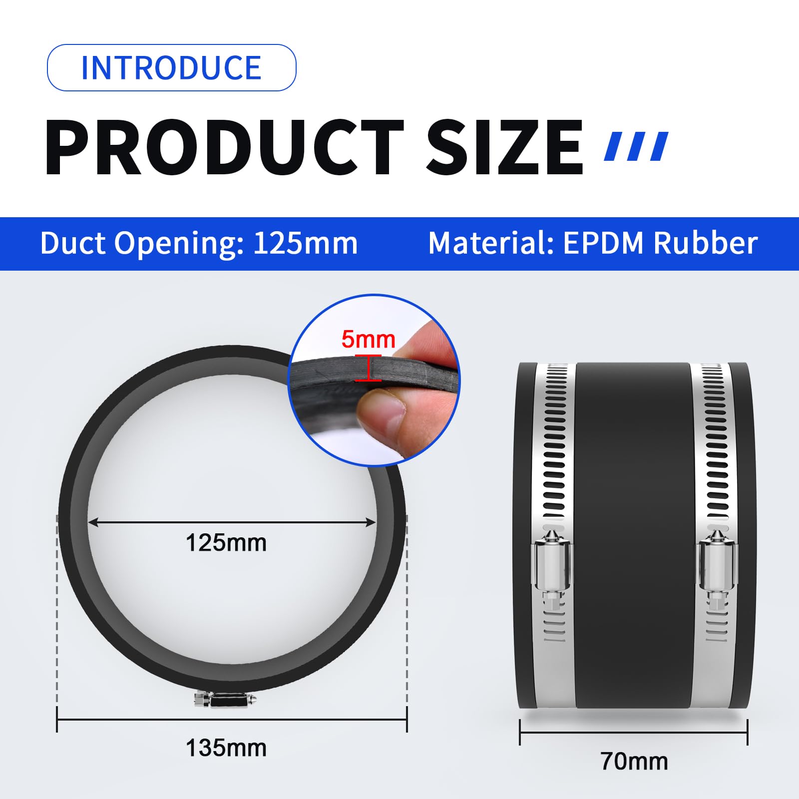 EFUTURETIME 125mm Manguito de Goma Flexible de EPDM Rango de Sujeción 122-125mm con Abrazaderas de Acero Inoxidable para Tubos de PVC Manguera de Ventilación, Separador de Polvo, Filtro de Carbón