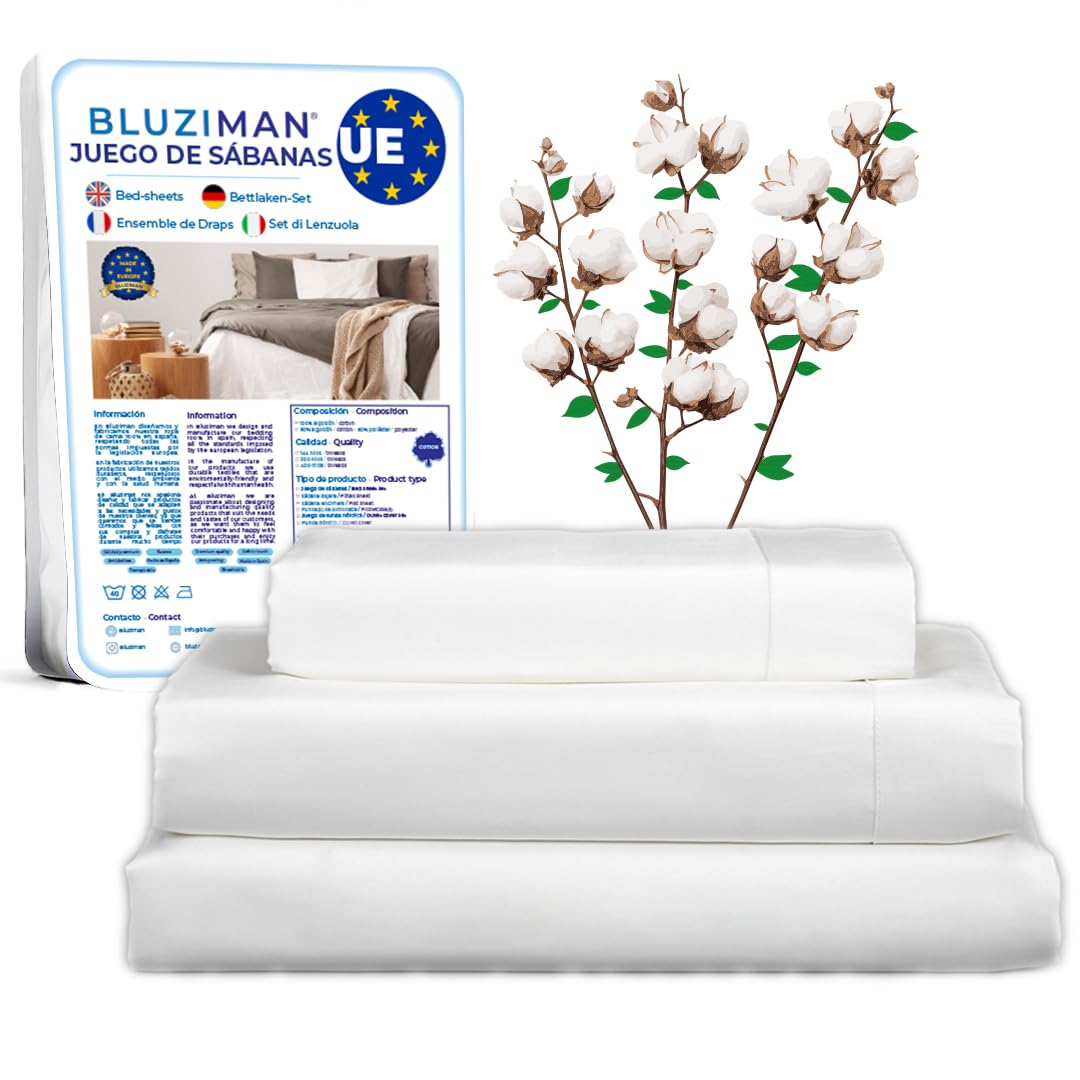 BLUZIMAN Juego de Sabanas 150x200 Algodon 100% Hecho en España, Ropa Cama Hogar Hosteleria Hotel Lencois. Incluye Sabana Bajera Ajustable, Encimera, 1 Funda de Almohada (Blanco, Cama 150x190/200cm)
