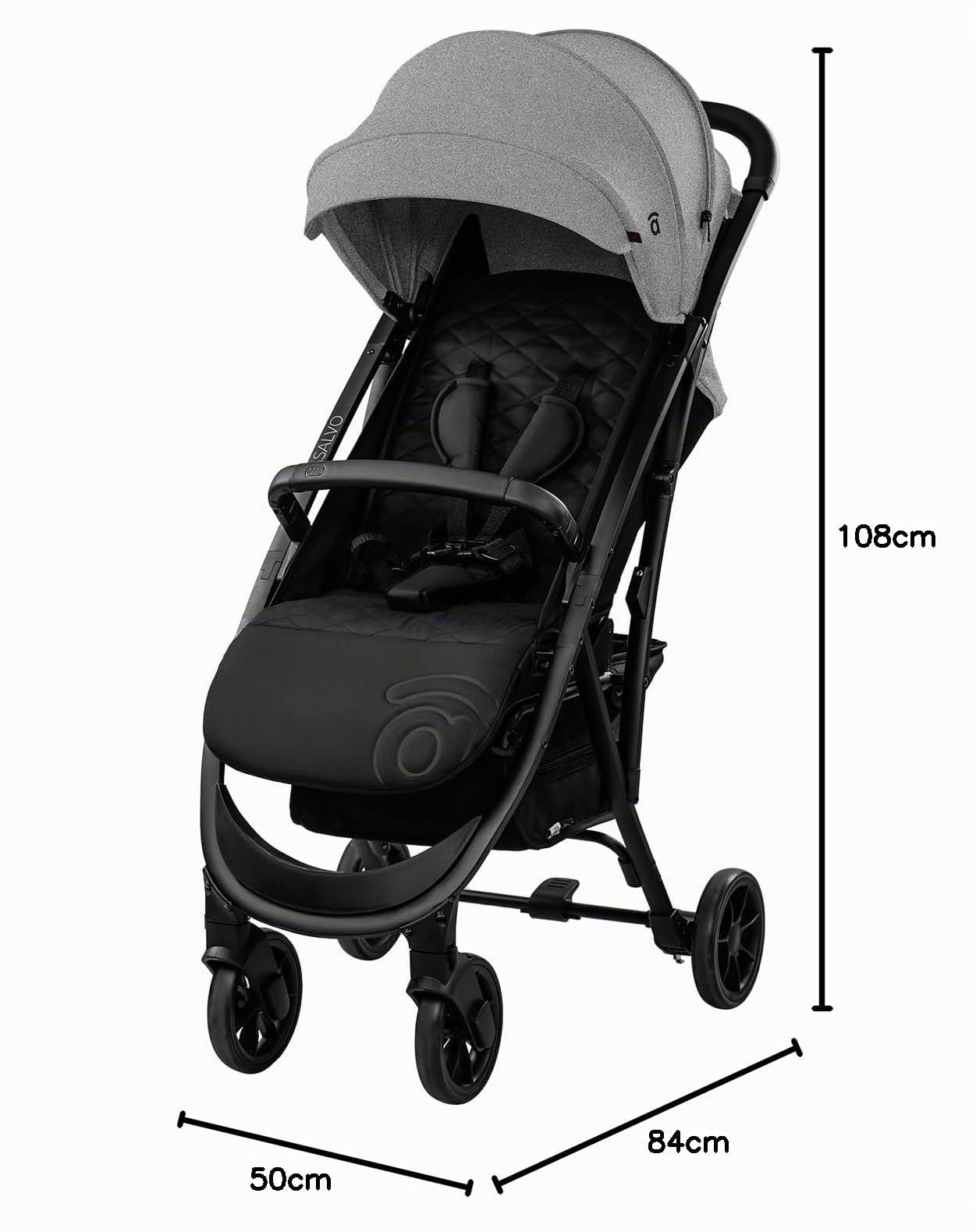 Asalvo COTTON 2 Silla de Paseo para bebé, Carrito de paseo con Respaldo Reclinable, Cochecito urbano, Arnés 5 Puntos, SPF50+, Capota con Ventana, Manejable y Máxima Seguridad Hasta 24 kg Gris