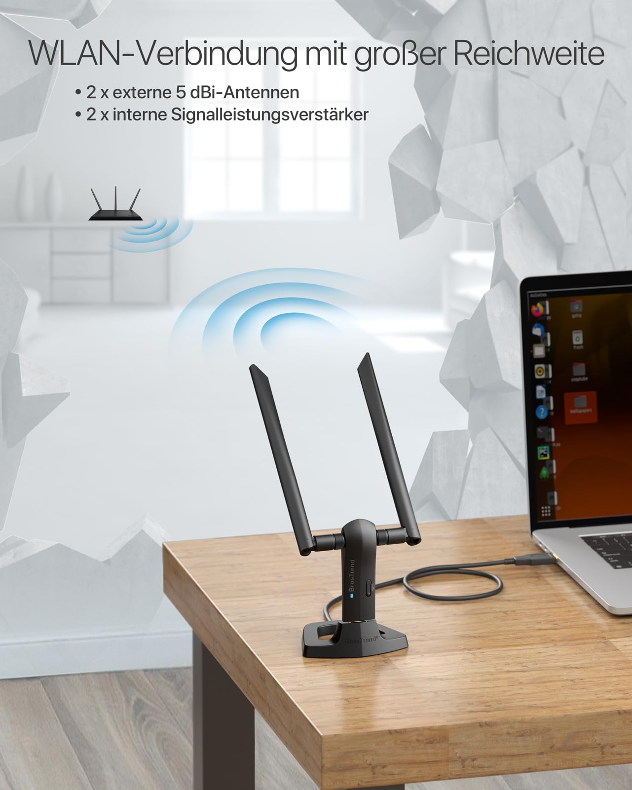 BrosTrend 1200 Mbit/s USB WLAN Stick für Linux & Windows, Große Reichweite | Dualband, Unterstützung Kali, Ubuntu, Mint, Debian, Lubuntu, Xubuntu, Mate, LMDE, Raspberry Pi OS, 5dBi WiFi Antennen, USB3.0