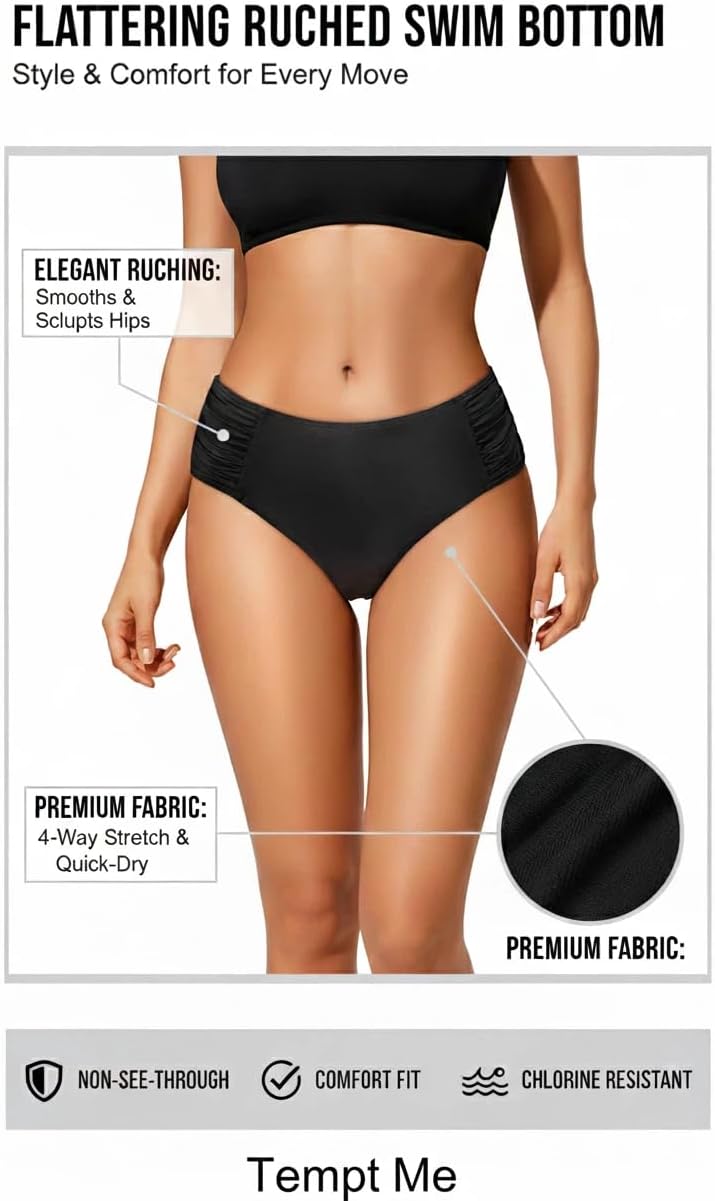 Tempt Me Women Bikini Bottoms Mid Waist Bathing Suit Swimsuit Ruched Swim Bottom - Image 4