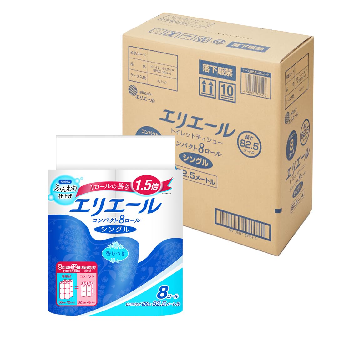 エリエール トイレットペーパー 1.5倍巻き 82.5m×32ロール(8ロール×4パック) シングル パルプ100% リラックス感のある香り 【EC限定 正規段ケース】 【ハーフケース】