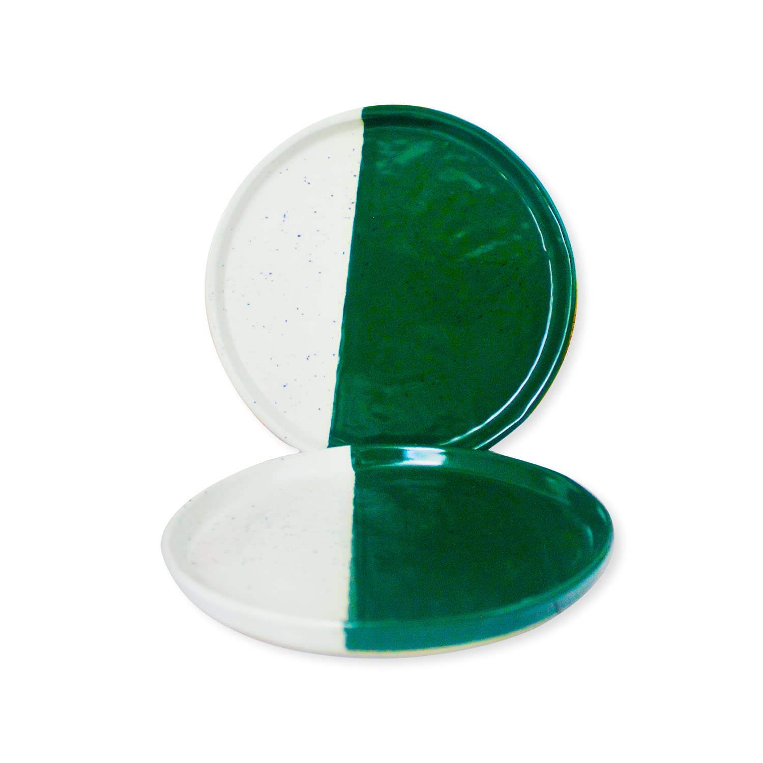roro Artisan-Crafted Ceramic Stoneware Handmade Two-Tone Lipped Appetizer Plates | Deep Green and Ivory White | Set of 2 Suitable for salads, desserts and events