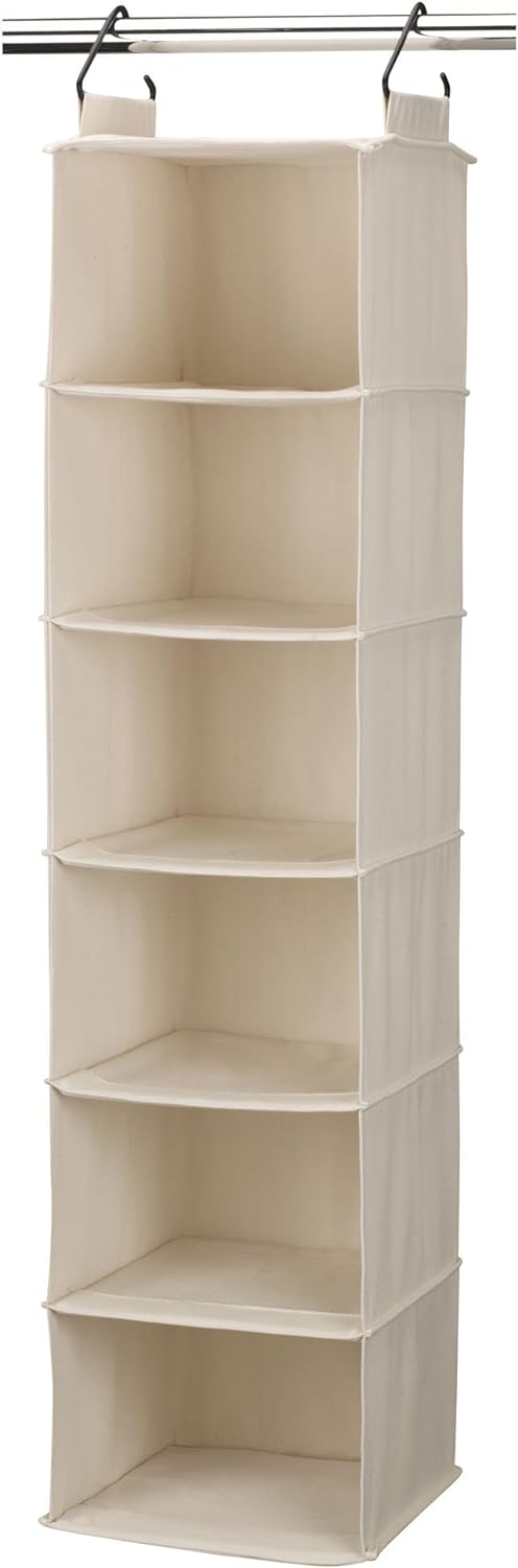 Household Essentials Cedarline 6-Shelf Hanging Closet Organizer, Heavy-Duty Cotton Canvas, Breathable, Versatile, Compact, Perfect for Rod or Wire Closets, Natural Hanging Organizer Off-white
