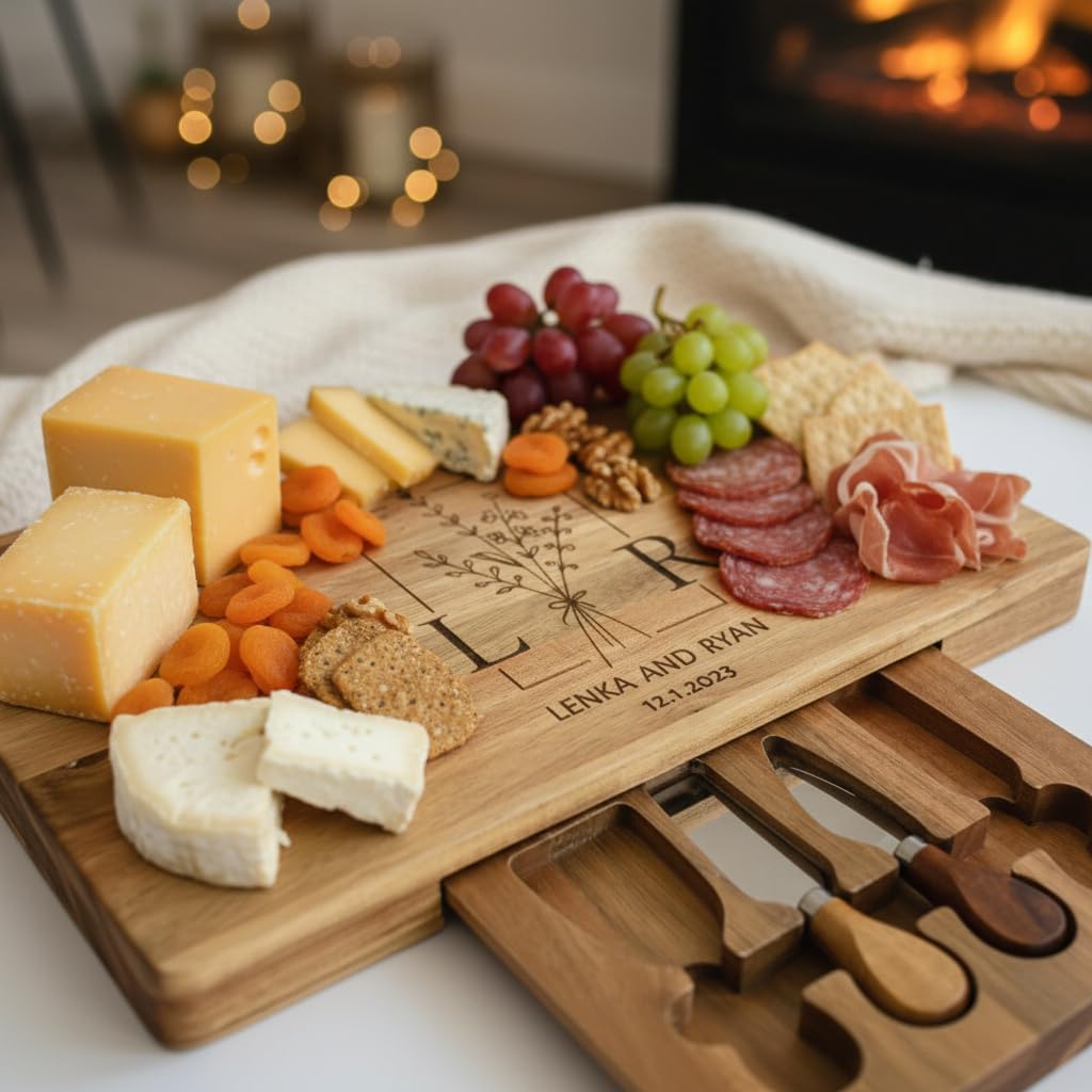 Personalized Charcuterie Board with Cheese Knives - Custom Engraved Cutting Board Set - Wedding Gift, Anniversary, Houswarming Gift for Couple - Acacia Wood Cheese Tray with Drawers