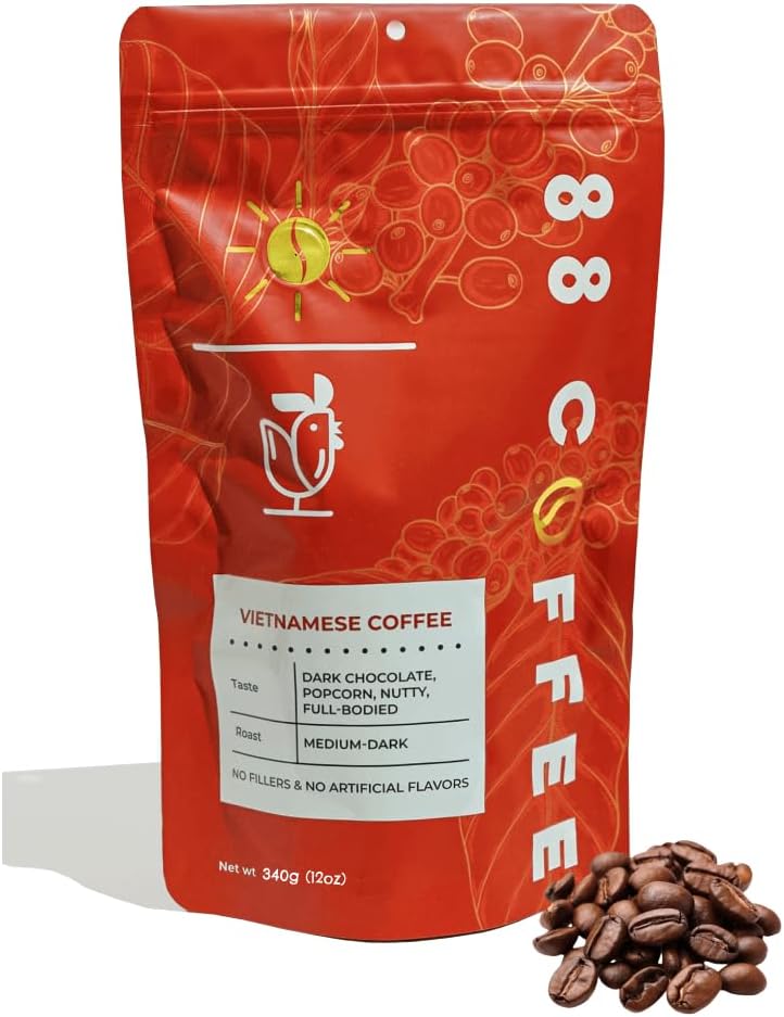 88 COFFEE COMPANY - 100% Vietnamese Coffee 12oz bag – Medium Dark Roast,100% Robusta – Authentic Vietnam Coffee for Phin, Espresso, Drip & Iced Café Sữa Đá – Bold, Smooth, Low Acidity (Whole Bean (12 Ounce), Medium-Dark Roast)