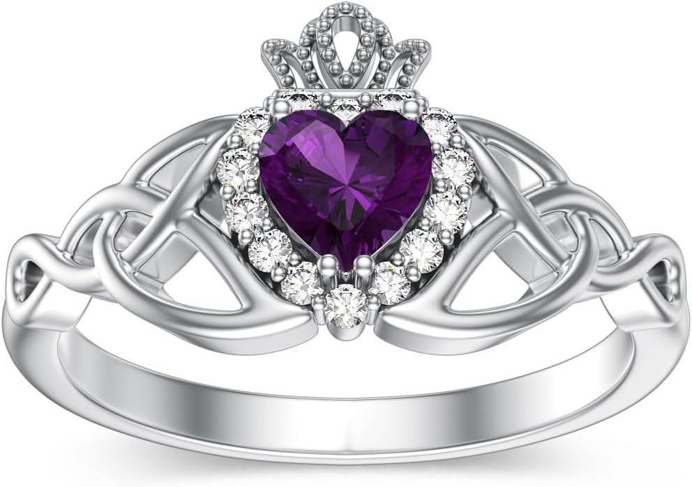 10K 14K 18K Gold Celtic Knot Gemstone Claddagh Ring for Women Irish Heart Birthstone Claddagh Ring Promise Ring for Her Wife