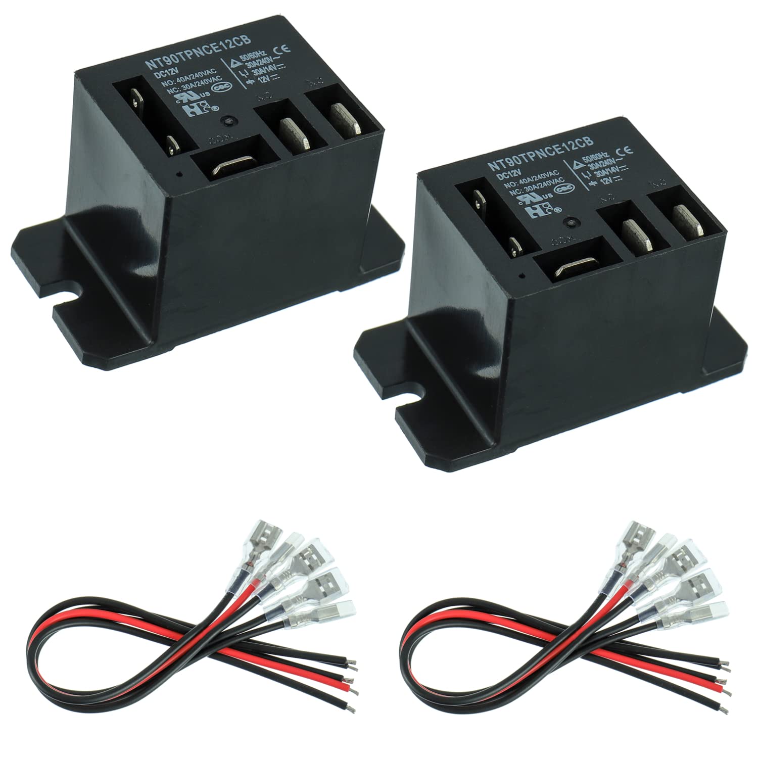 NT90-DC12V-10X Power Relay DC 12V Coil 120 VAC 30A SPDT(1NO 1NC) with Flange Mounting and 10 Quick Connect Terminals Wires Mini Relay(Pack of 2pcs)