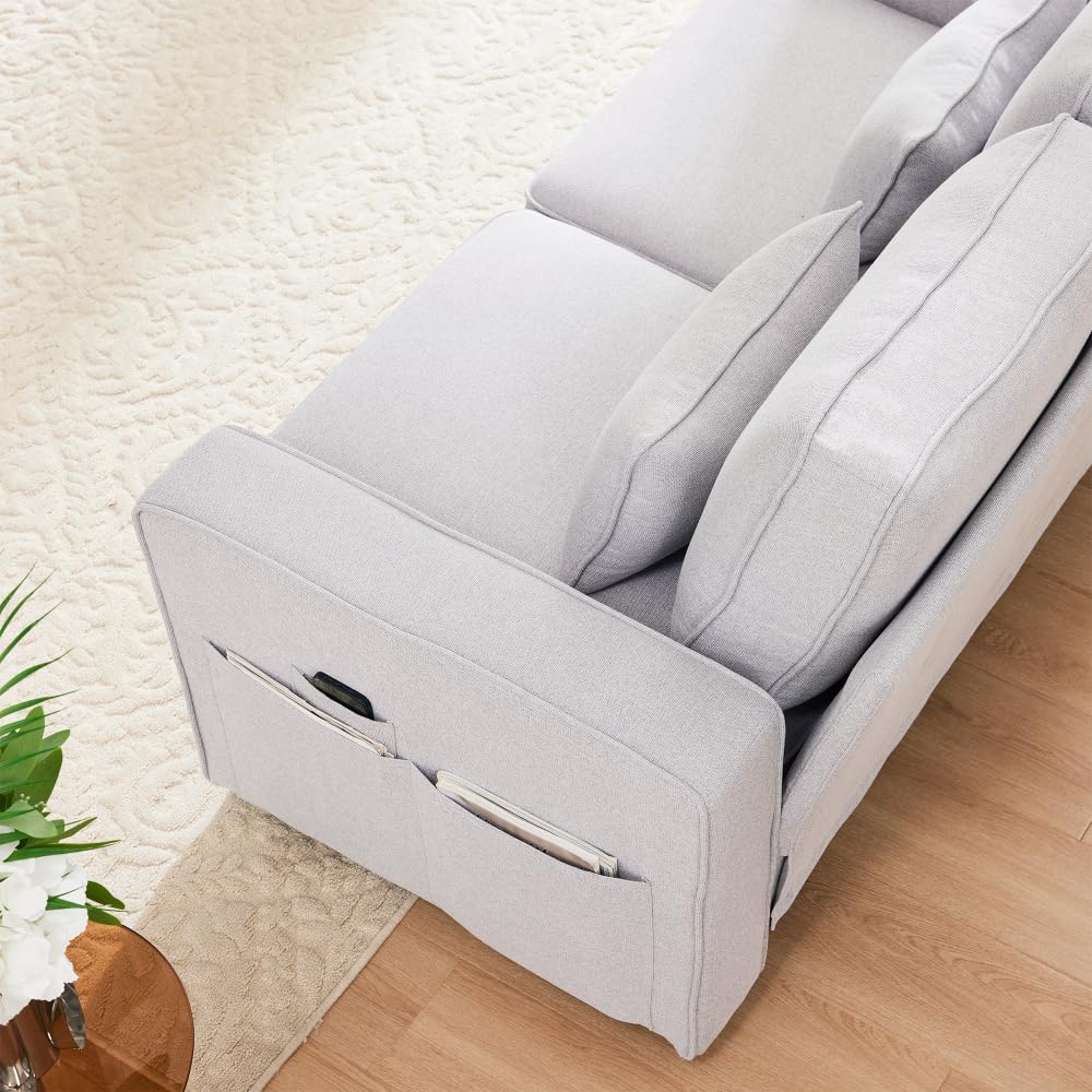 Sofá moderno de 4 plazas con bolsillos para reposabrazos y 4 cojines, con consola, 2 portavasos y 2 tomas USB, en lino, adecuado para muchas ocasiones (Gris+USB)