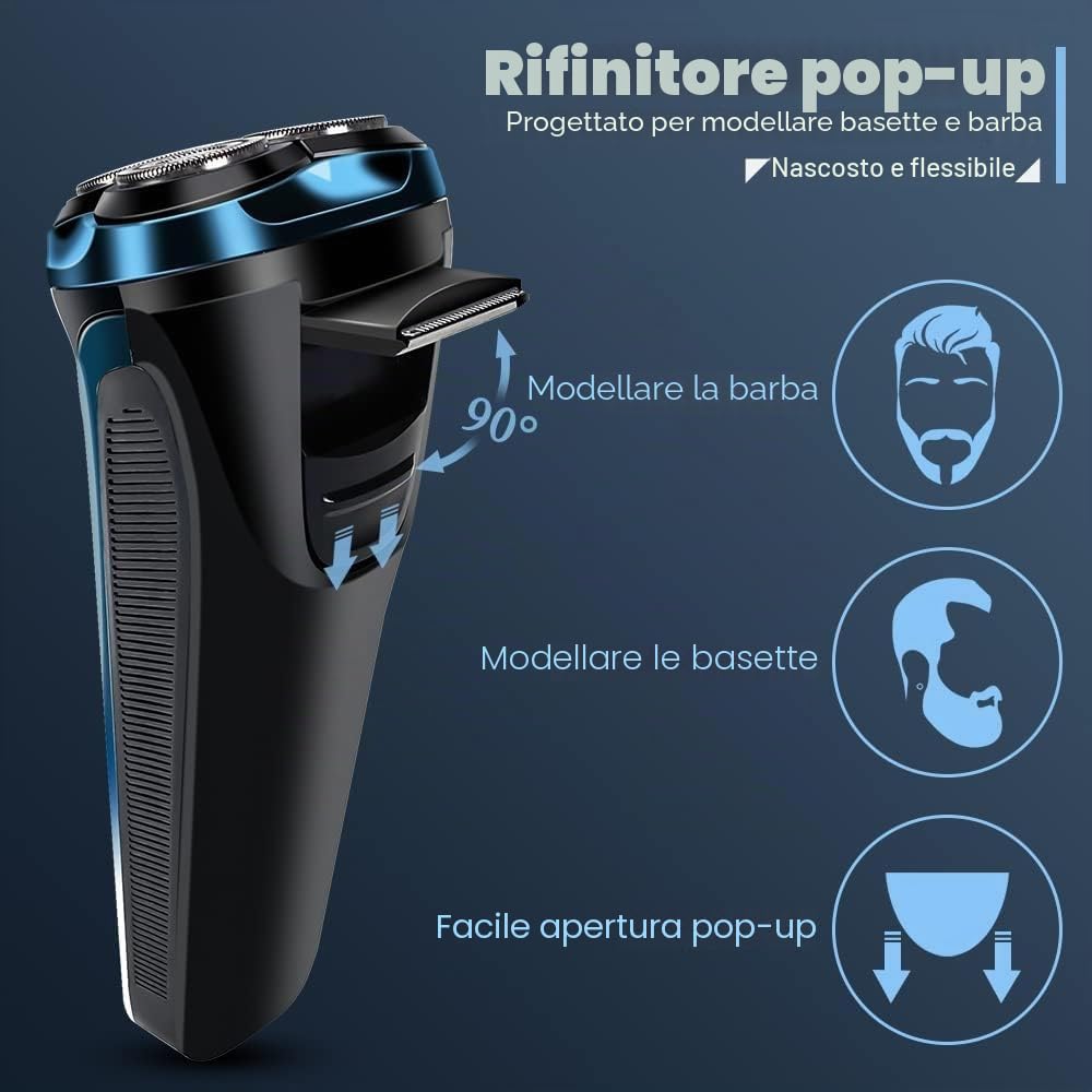 Rasoio Elettrico Wet & Dry a 3 Lame di Ricambio, Rasoio Elettrico Barba Uomo Ricaricabile Rasoio Barba Impermeabile Display LED, Lame Flessibili, Custodia da Viaggio