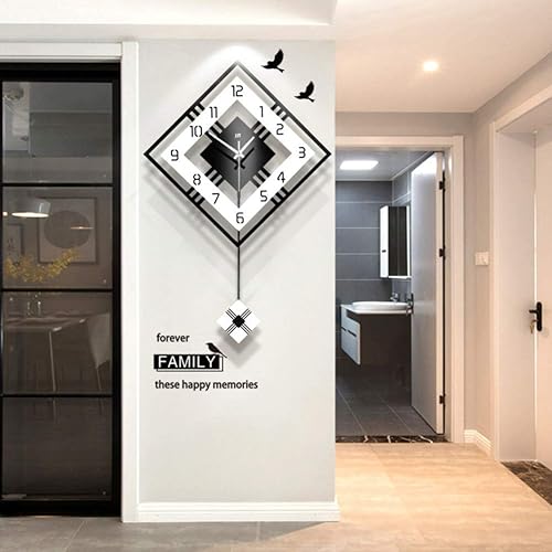 FBITE Reloj de pared decorativo moderno con péndulo reloj de péndulo cuadrado grande madera negra y blanca para sala de estar cafetería restaurante