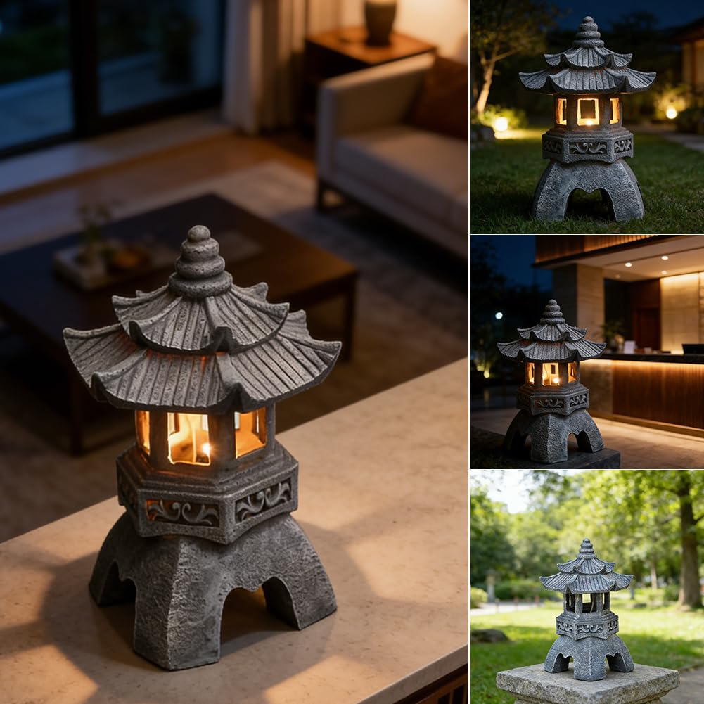 Lanterne japonaise en pierre - Décoration de jardin - Hauteur : 24 cm - Pagode solaire - Statue - Lanterne de jardin japonaise en résine avec éclairage LED solaire pour l'intérieur et l'extérieur