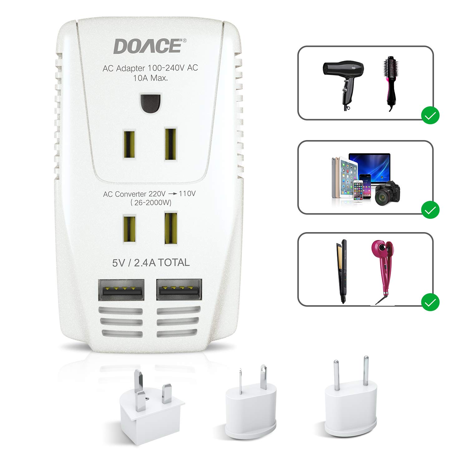 220V to 110V Converter, DoAce 2000W Travel Voltage Converter for Hair Dryer Straightener Curling Iron, 10A Power Adapter with 2 USB and EU/UK/AU/US Plugs for Charging Laptop Tablet Camera Cell Phone
