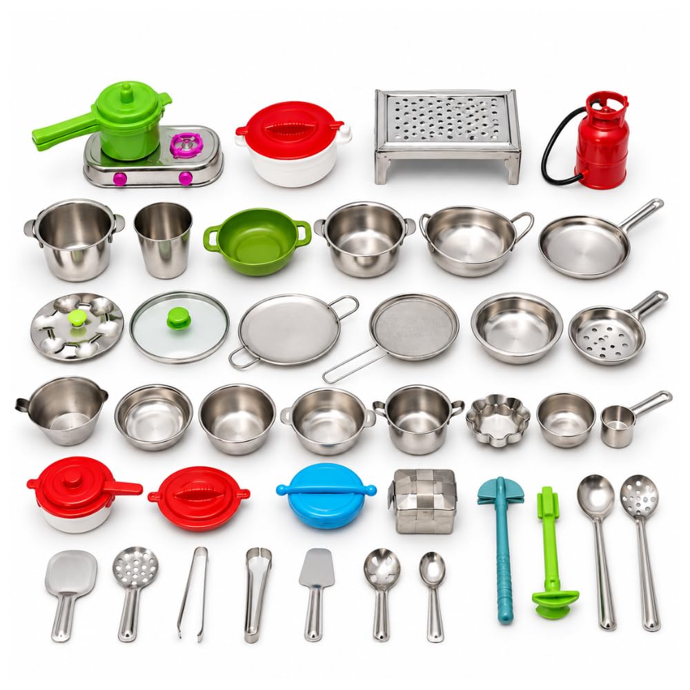 45 PCS Stainless Steel Kitchen Set for Kids | Big & Small Pretend Play Utensils Combo-image-22