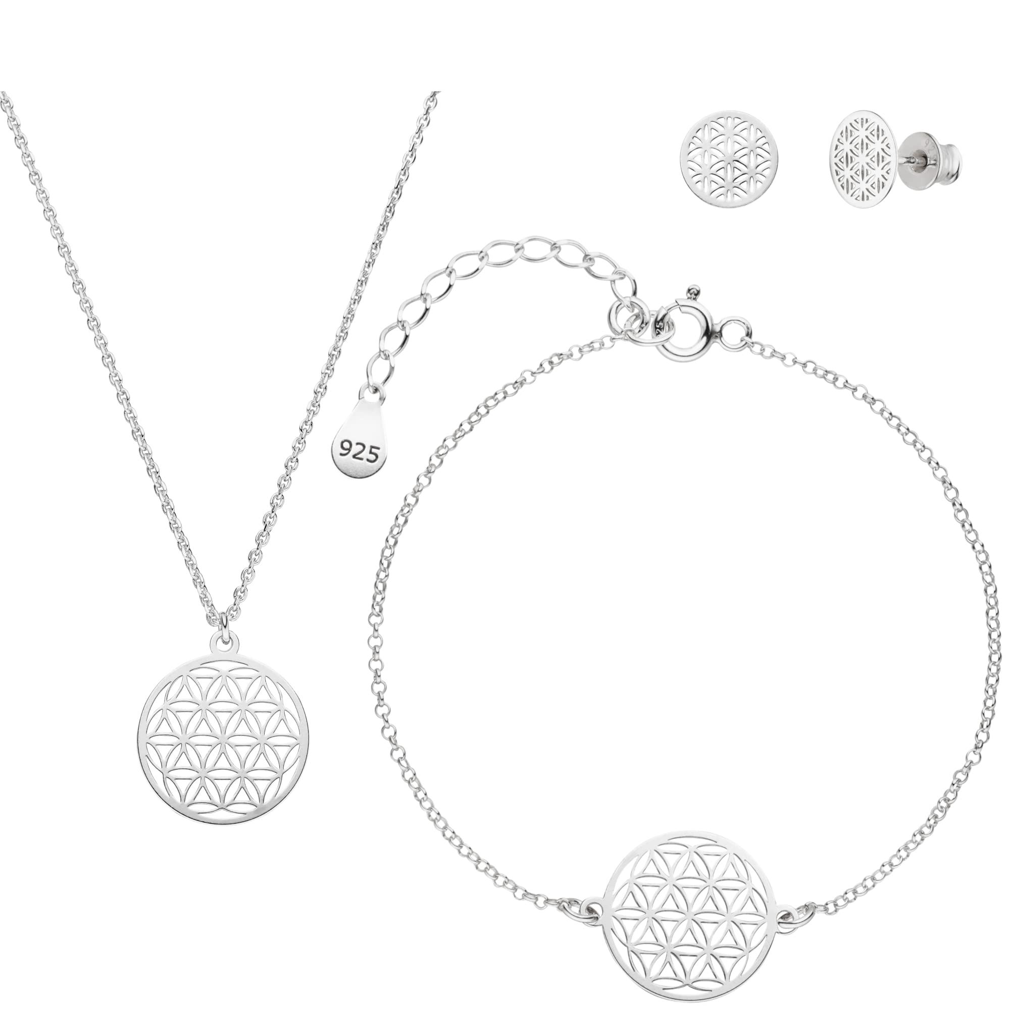 SCHMUCKSET Blume des Lebens Halskette Ohrstecker Armband 925 Silber