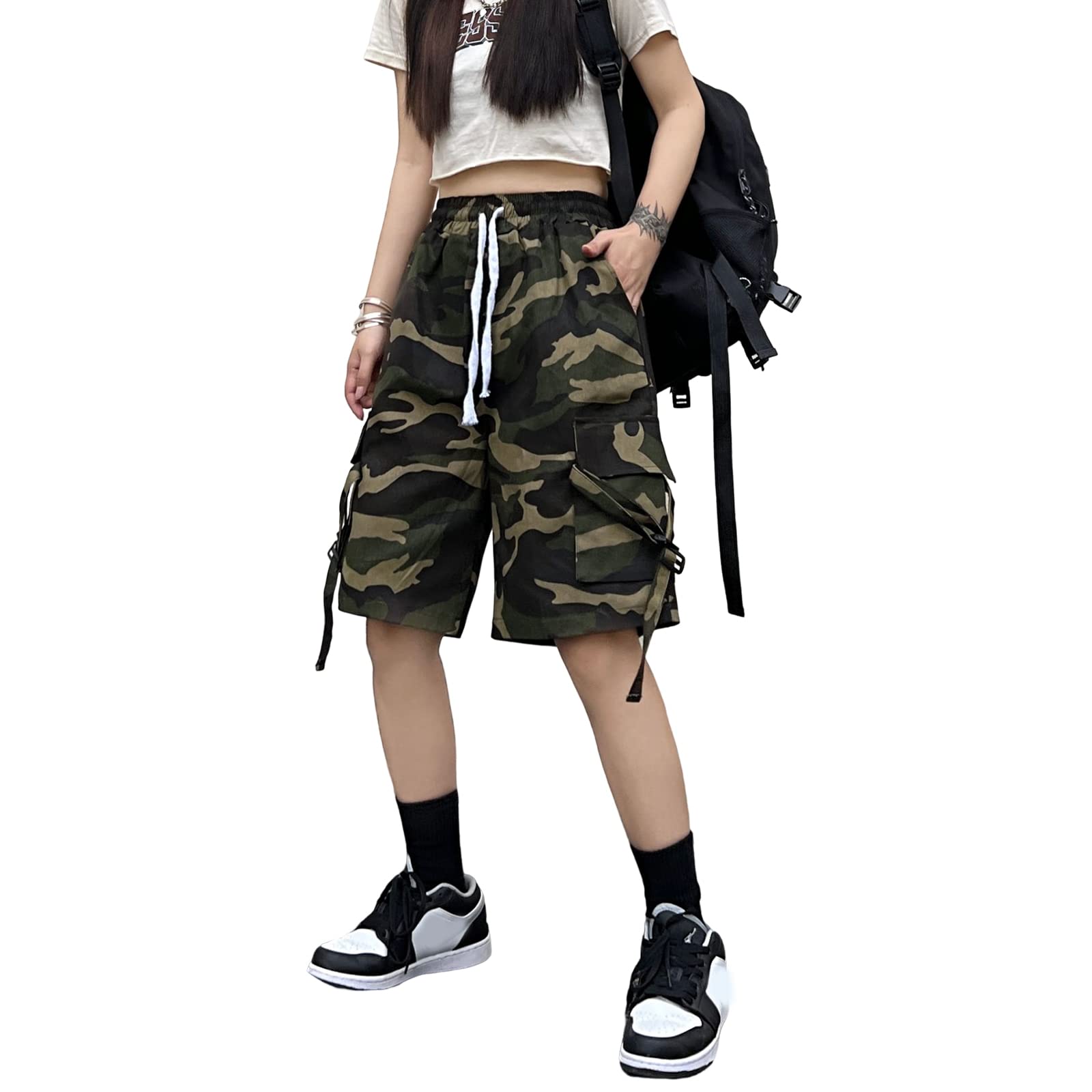 Cargo Shorts for Women Camouflage High Waisted Y2k Bermuda Shorts with Pockets Knee Length Casual