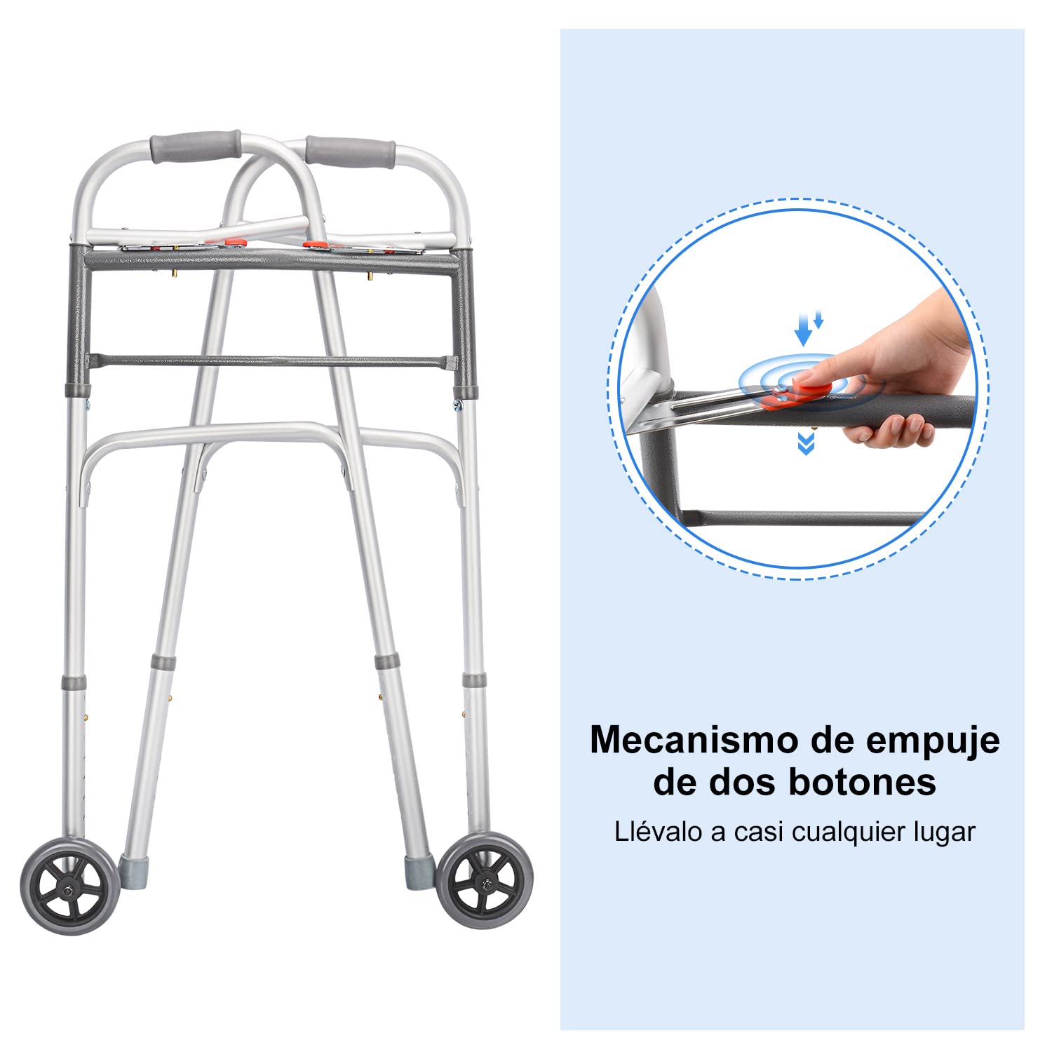 suplegear Andador Estándar Plegable, Dos Botones Caminante Plegable de Aleación de Aluminio Ajustable con Ruedas de 13 cm para Personas Mayores Discapacitados Lesionados, Soporte hasta 226.8 kg