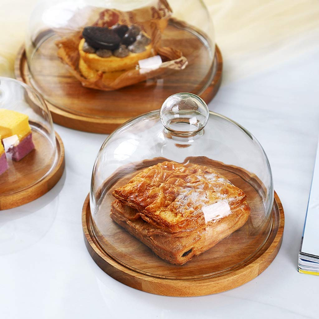 MU Bandeja de Pastel de Madera con Cubierta, Tapa Transparente de Vidrio Postre Mesa de Sabor de Fruta Bocadillo de Pan de Bolsillo Queso Y Pastel Cúpula,15 cm,15 cm