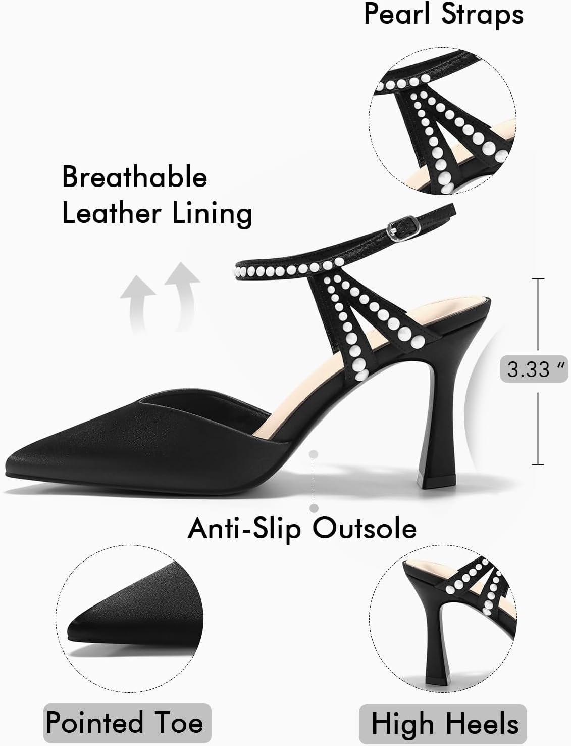 Coutgo Womens High Heels Closed Pointed Toe Satin Pumps Pearl Ankle Strap Wedding Party Dress Shoes - Image 7