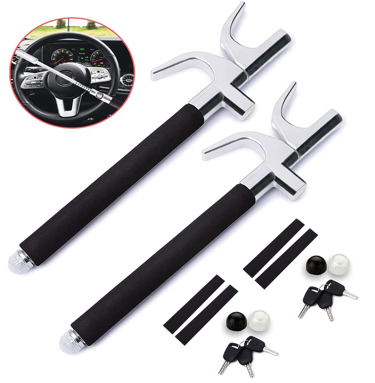 VaygWay Car Universal Steering Wheel Lock - Vehicle Adjustable Anti-Theft Length Clamp Double Hook Retractable Steering Lock with Escape Hammer Window Breaker & 3 Keys (2 Pack)