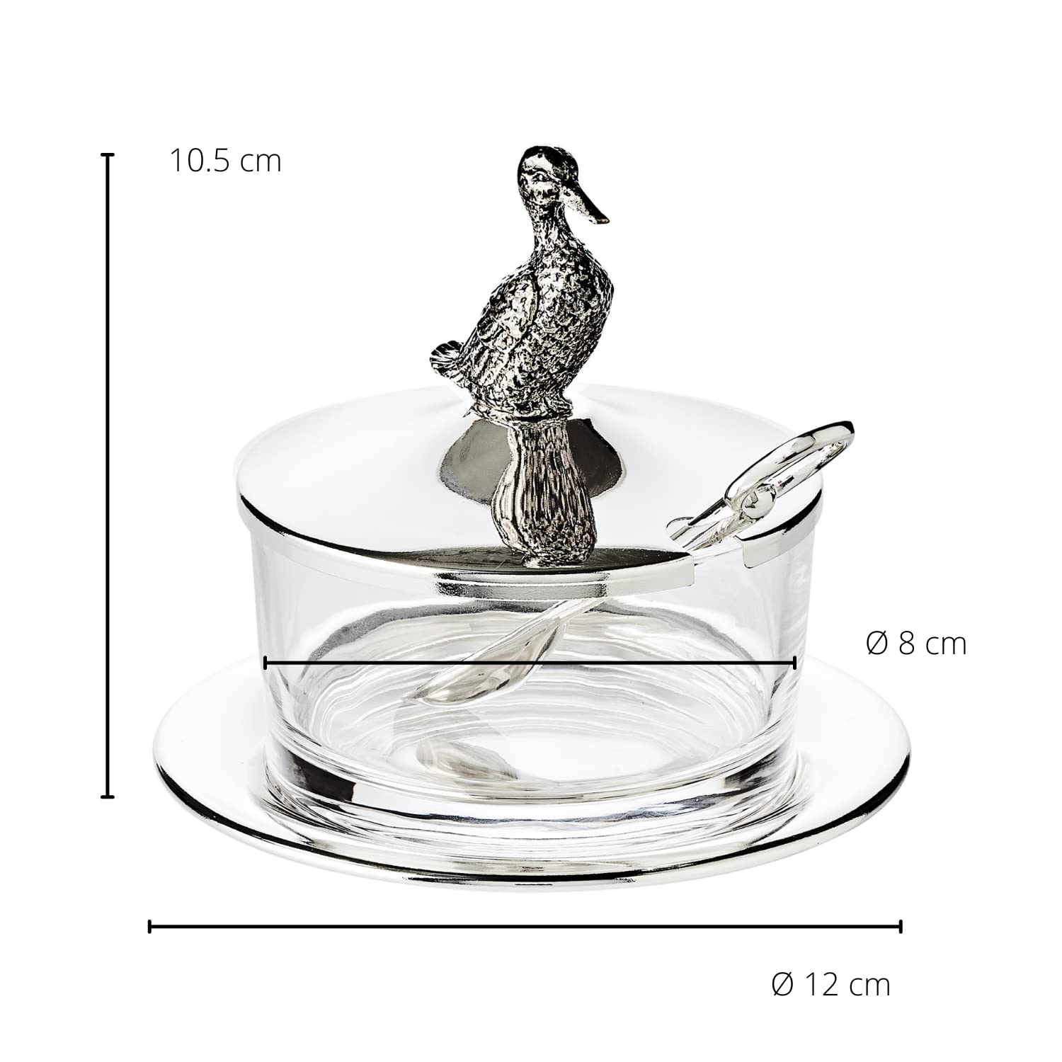 EDZARD Marmeladenglas Zuckerdose Ente mit Untersetzer, edel versilbert, mit Löffel aus hochwertigem Edelstahl, Höhe 12 cm, Durchmesser 14 cm, Glas ø 10 cm