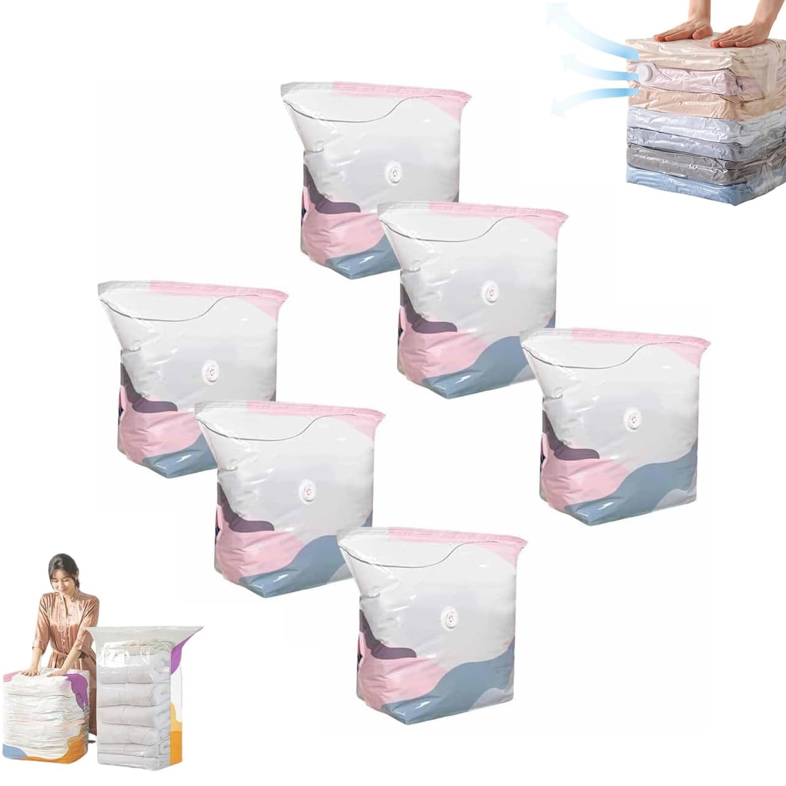 No‑Pump Vacuum Storage Bags, Press & Seal Large Cube Vacuum Seal Bags,Space Saving Self Compression Organizer For Clothes,Comforters，Blankets,Bedding(S*6)