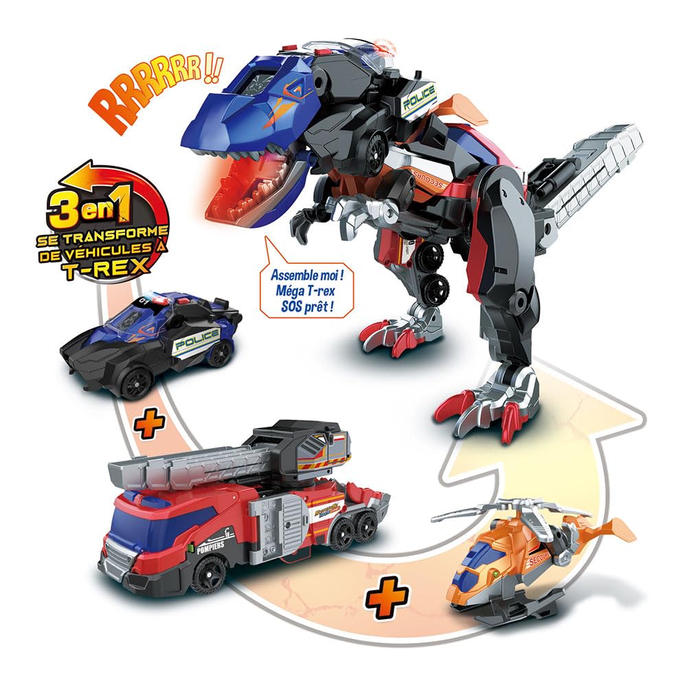 VTech - Switch & Go Dinos Combo, Dinosaure Sonore Trio, le Méga T-Rex SOS 3 en 1, Voiture de Police, Camion de Pompiers, Hélicoptère, Jouet Dino Articulé, Cadeau Enfant Dès 4 Ans - Contenu en Français