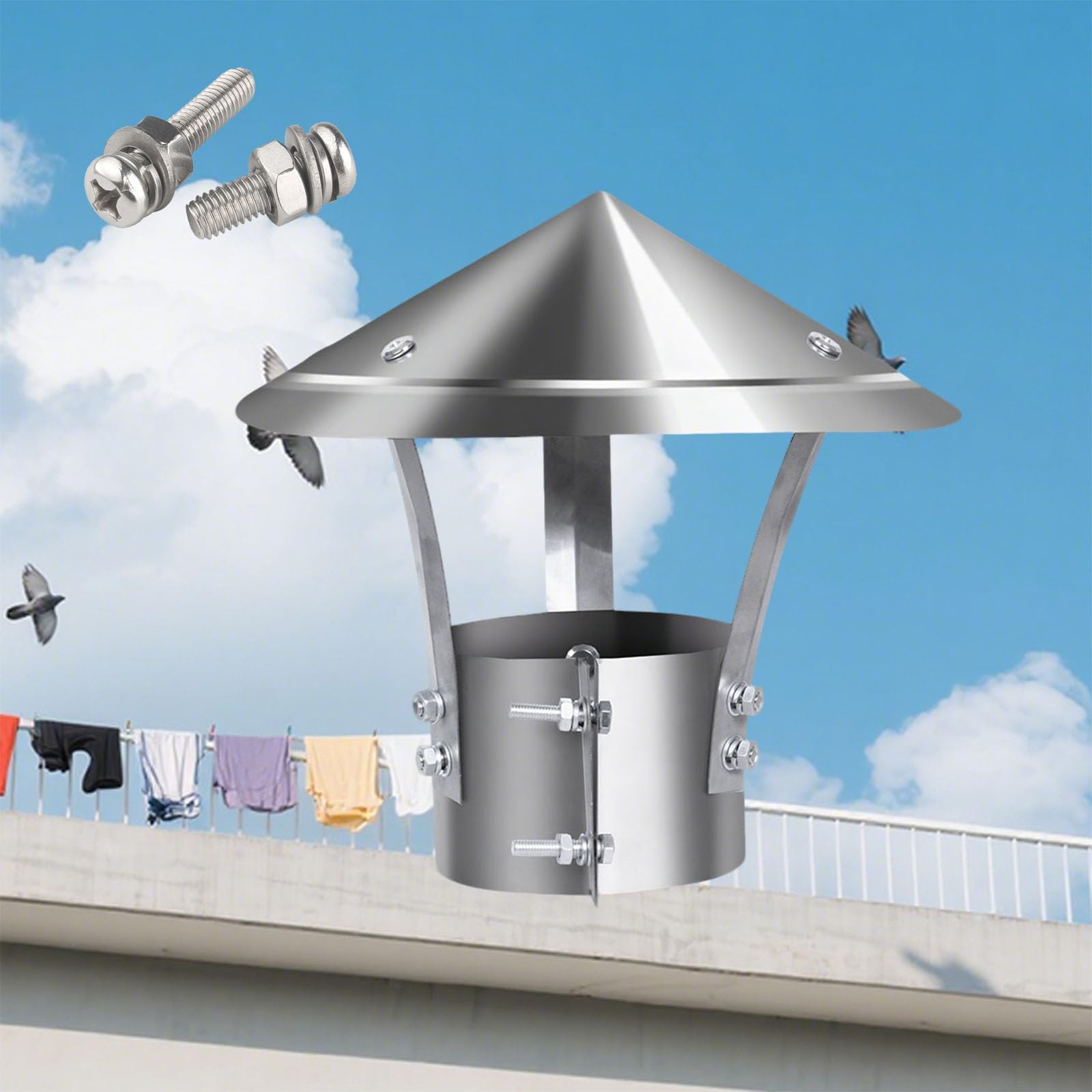 MYXJGNAIY Roof Rain Chimney Cap, 201 Stainless Steel Exhaust Chimney Cover, Vent Chimney Caps, Fireplace Flue Chimney Cowl with Adjustable Metal Screws(8.3in)