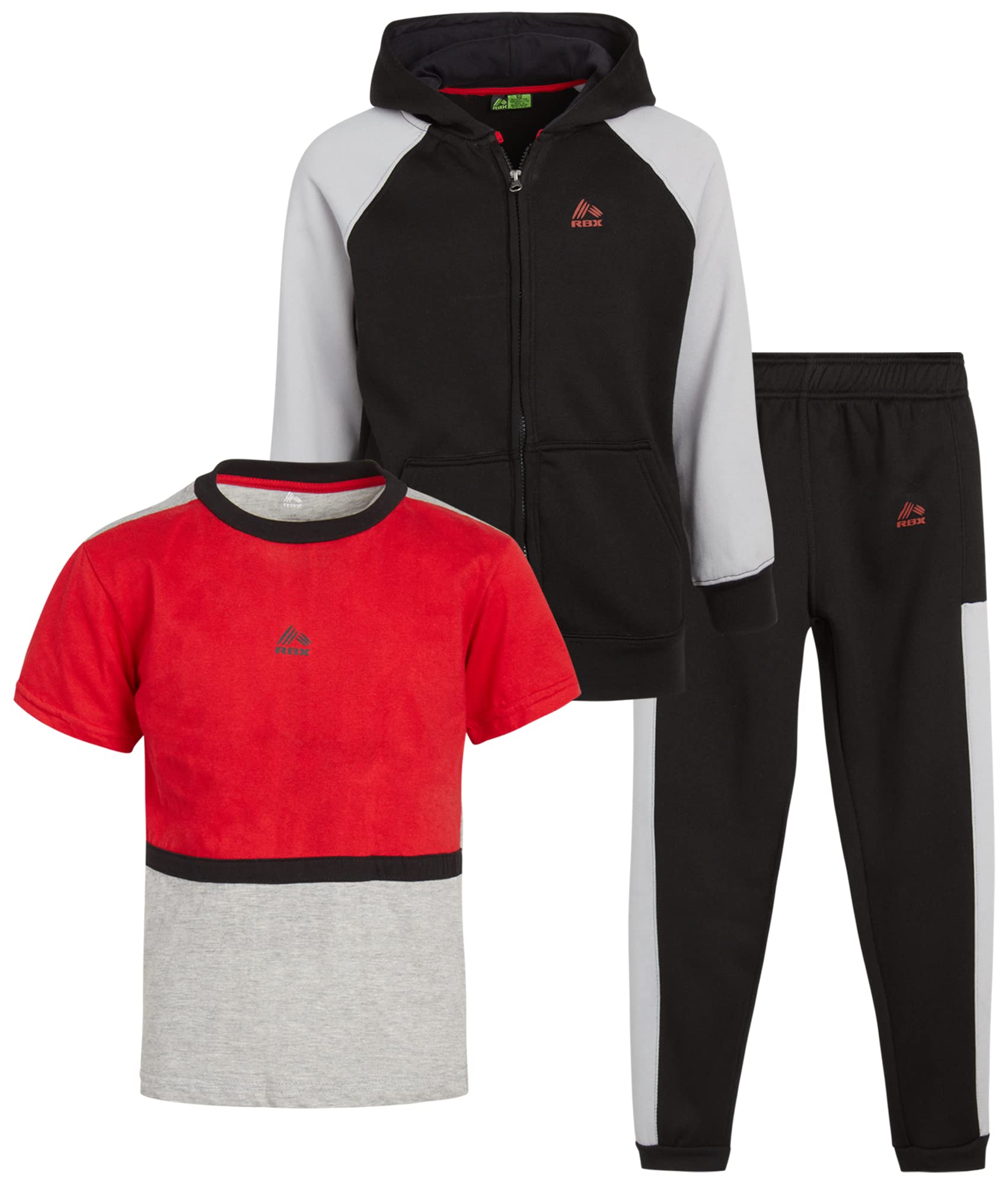 RBX Boys Sweatpants Set - 3 Piece Fleece Pullover Boys Hoodies Athletic Shirt & Kids Jogger Sweatpants Activewear Set (4-12), Size 10, Black/Grey