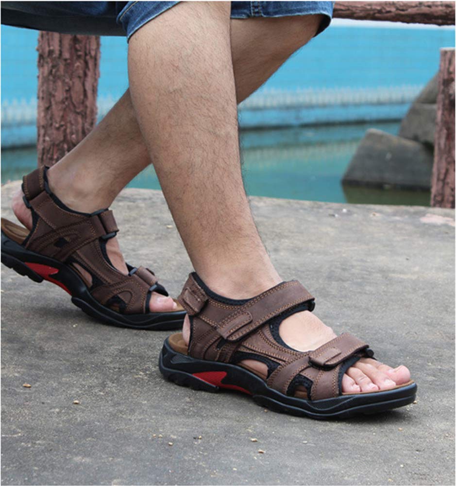 Sandales Homme Cuir de Vachette Bout Ouvert Chaussures de Marche Été en Sandales Sports à Confortable pour Trekking Plage (Kaki, Adulte, Homme, 47, Numérique, Système Taille Chaussures EU, Moyen)
