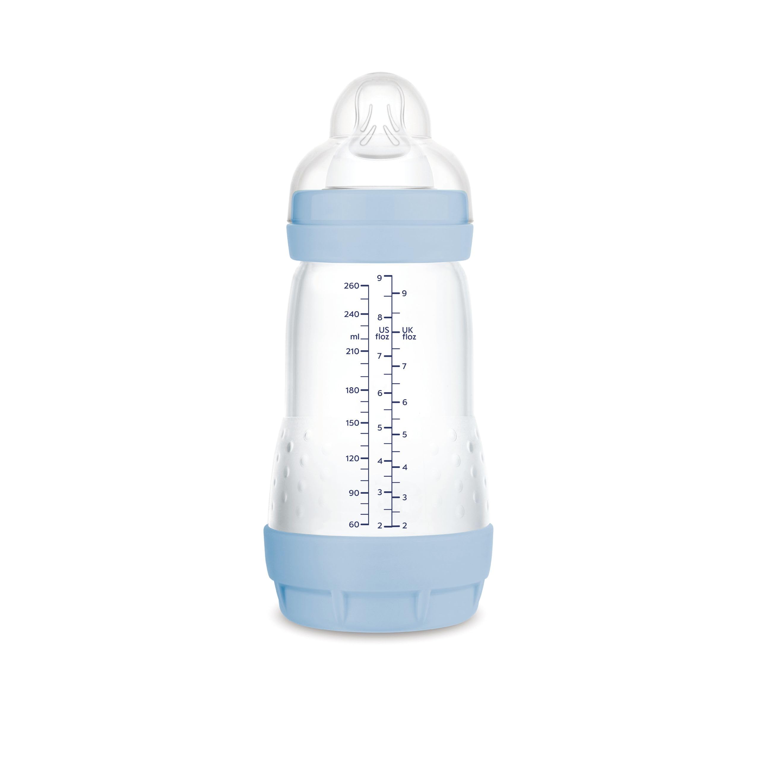 MAM Biberon Easy Start 260 ml, Biberon anticolica per allattamento misto, Riduce le bolle d'aria e il rischio di coliche, Accessori neonati 2+ mesi autosterilizzanti e con tettarella misura 2, Azzurro