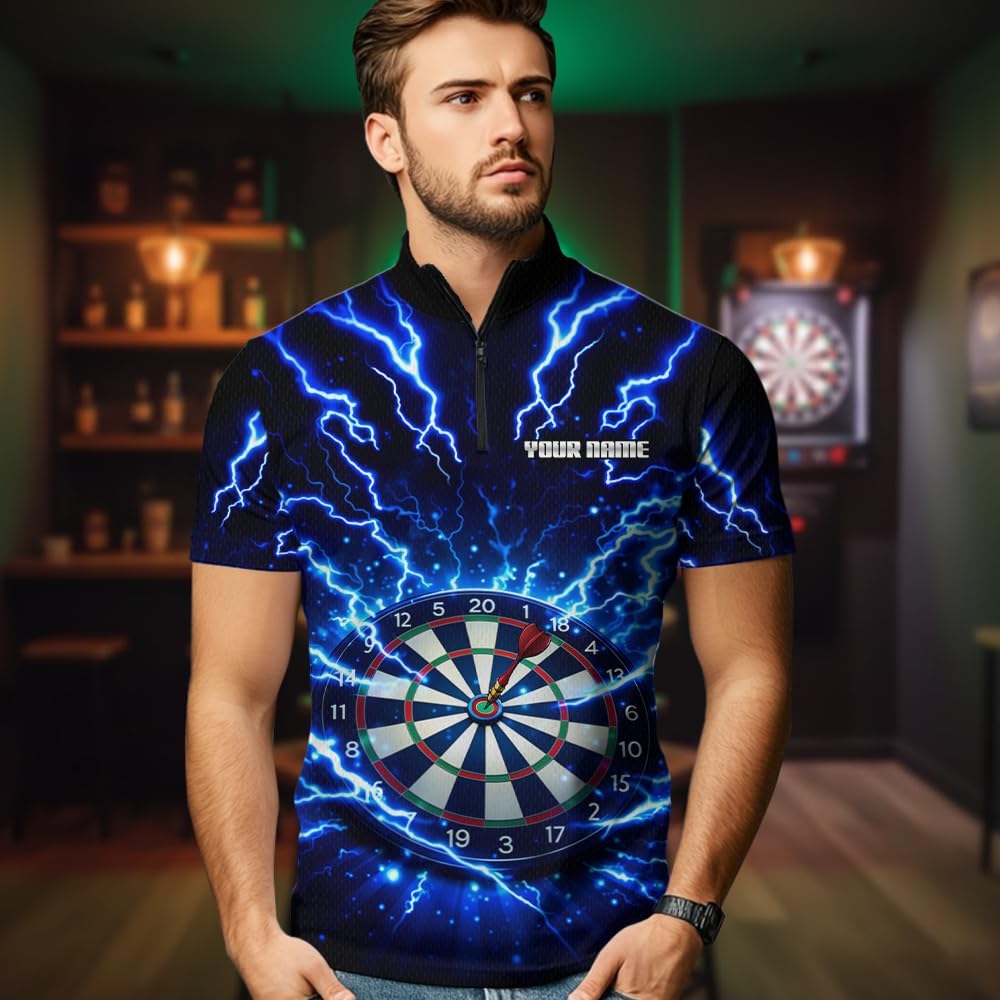 Blue Lightning Thunder Dart Shirt for Men Women Team Lightning Dart Shirts Custom Dart Jersey Dartboard Shirt Polo and Zip