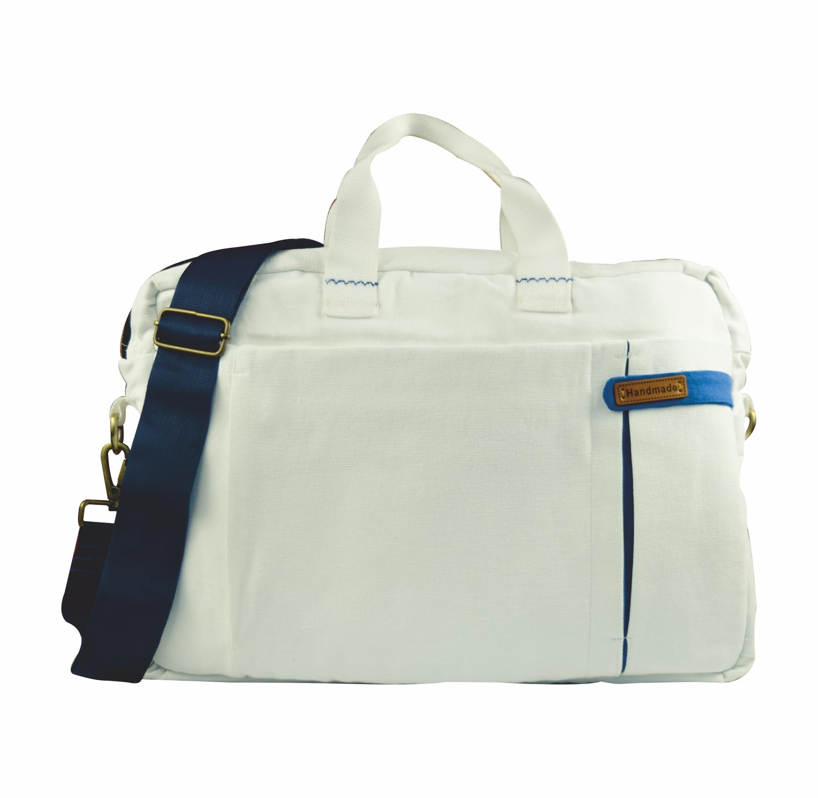 White Canvas Bag Large with Blue Patch and Two Zipper Pockets-image-23