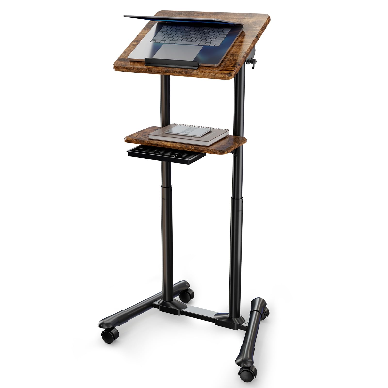 ETHU Stehpult Höhenverstellbar, Mobiler Laptop-Schreibtisch mit Kippbarem Tisch und Schubladen, Höhenverstellbarer Schreibtisch mit Rollen, Mobiles Rednerpult für Büro & Home, inkl. Tassenhalterung